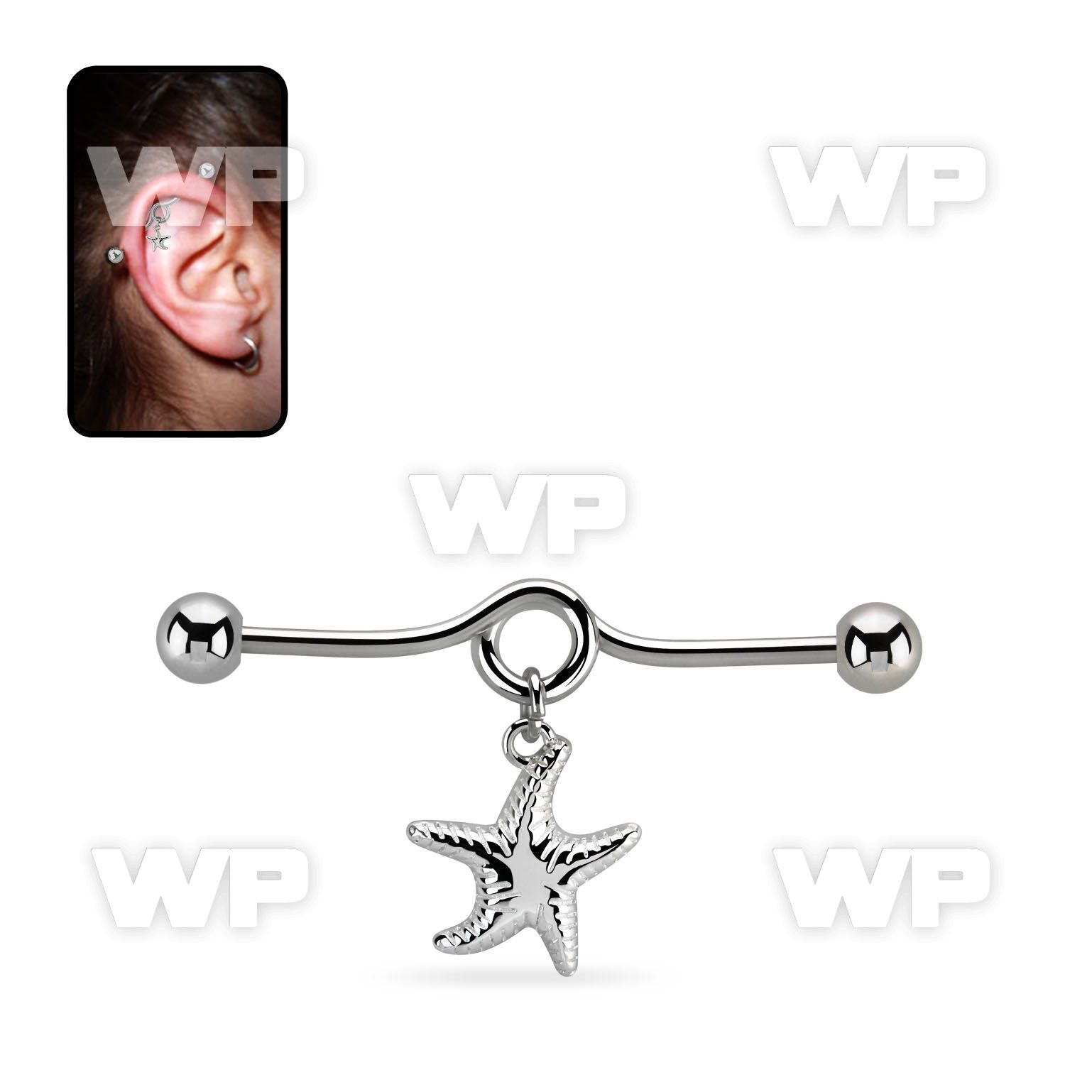 indd16 steel industrial loop barbell w ball dangling starfish