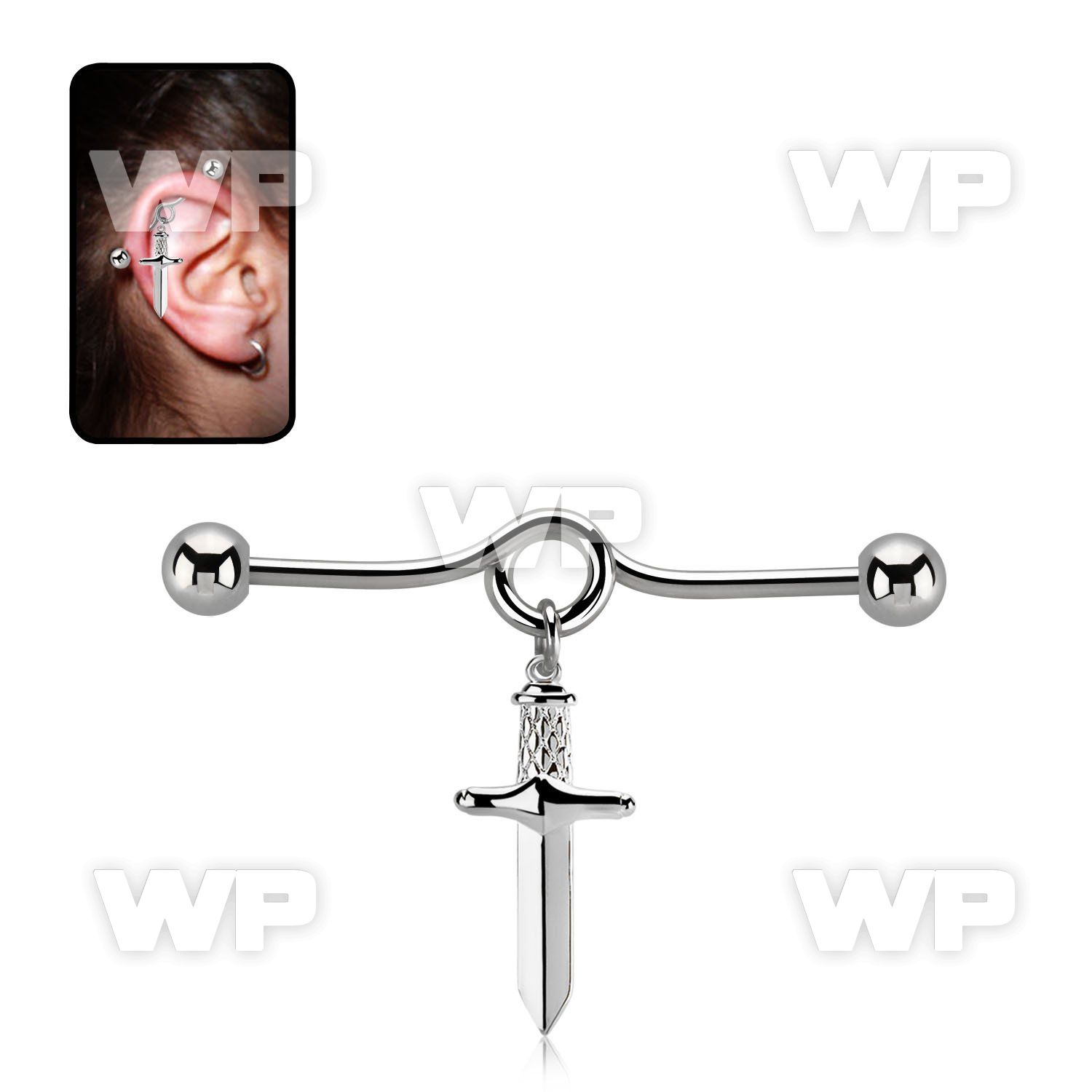 indd17 316l steel industrial loop barbell w ball & dagger