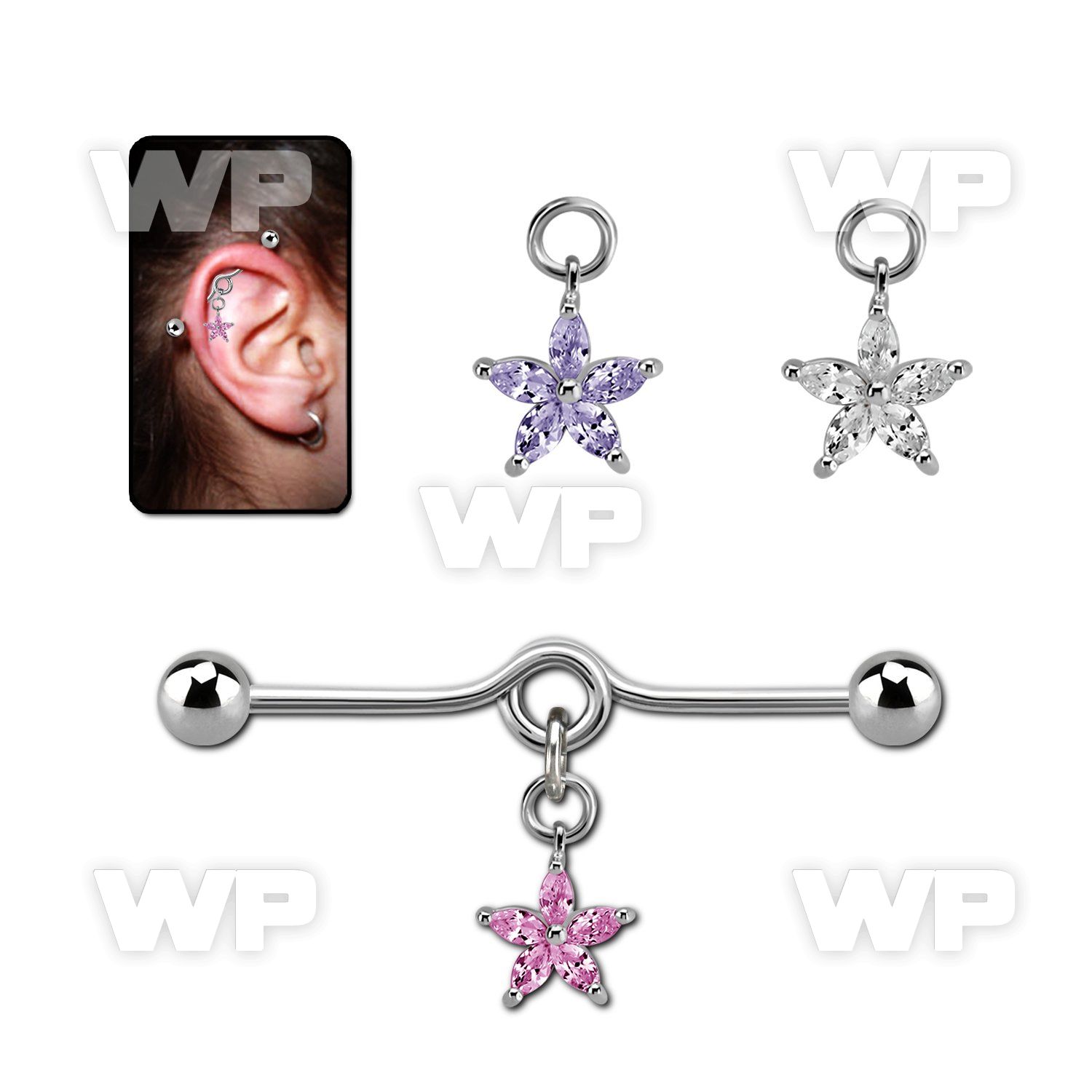 inddz2 steel industrial loop barbell w ball flower cz petals 