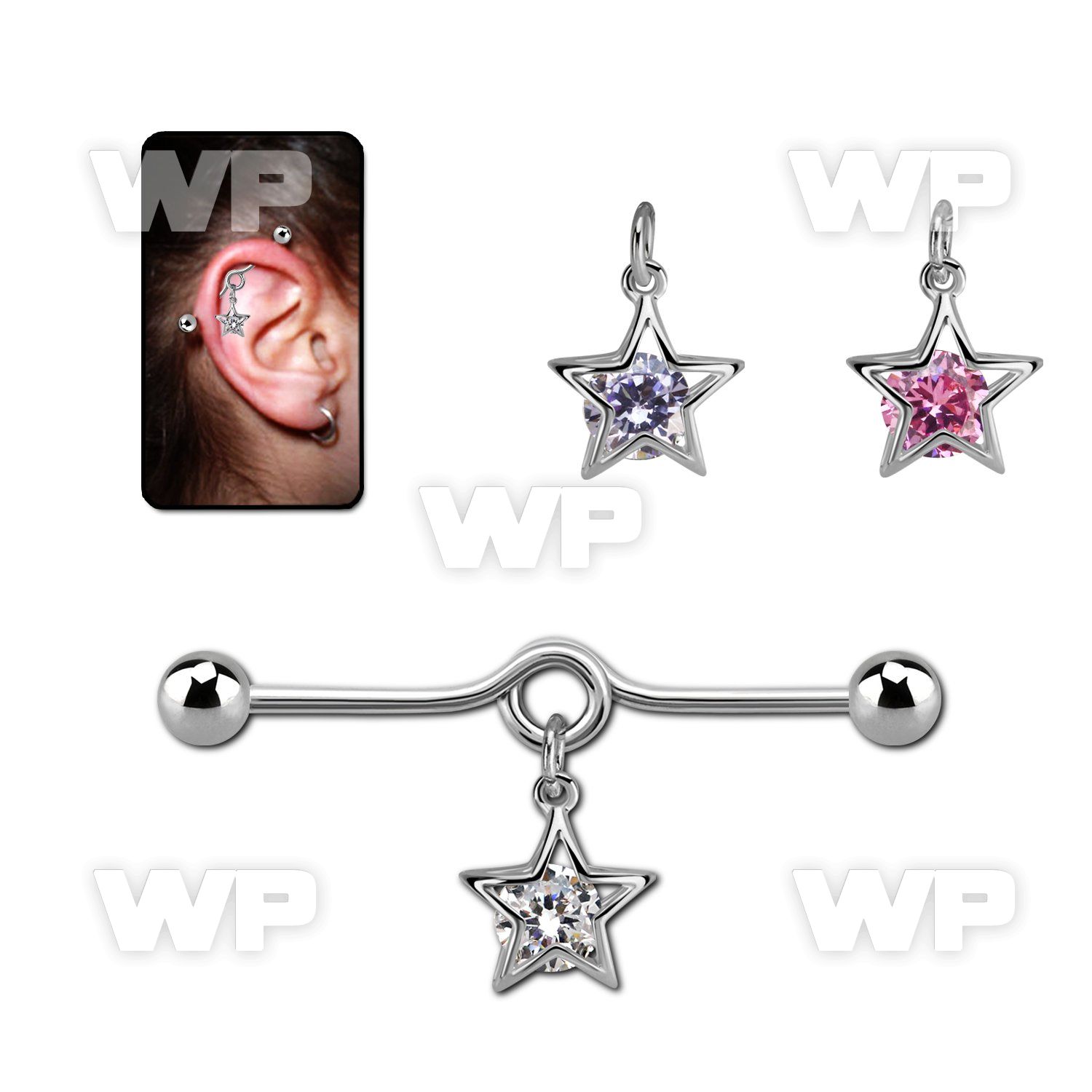 inddz3 steel industrial loop barbel w balls dangling star cz