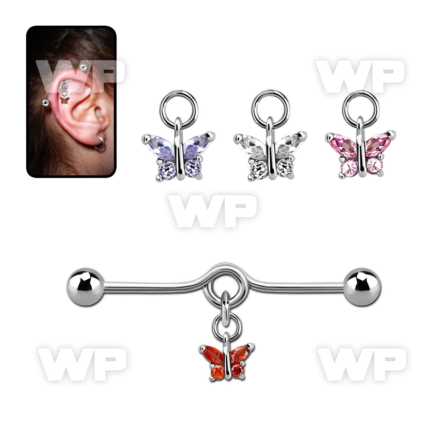 inddz4 steel industrial loop barbell w ball, dangling butterfly