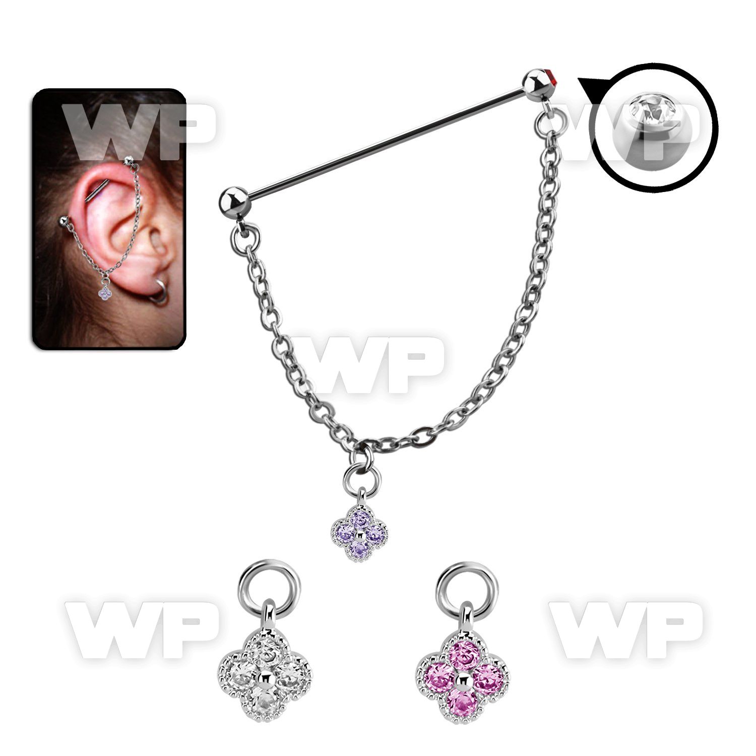 indsdz1 steel industrial loop barbell w jewel ball w star cz 