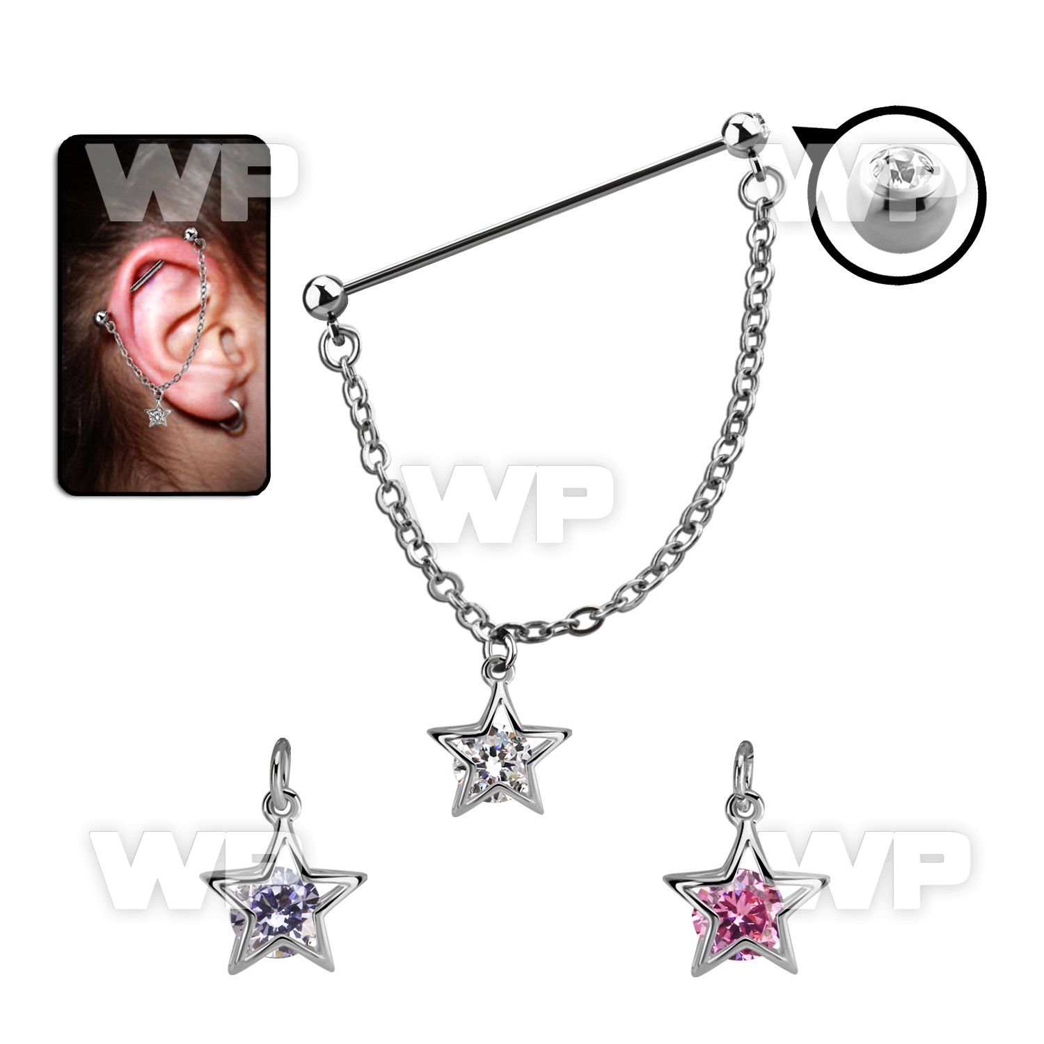 indsdz3 steel industrial loop barbell w jewel ball flower cz 