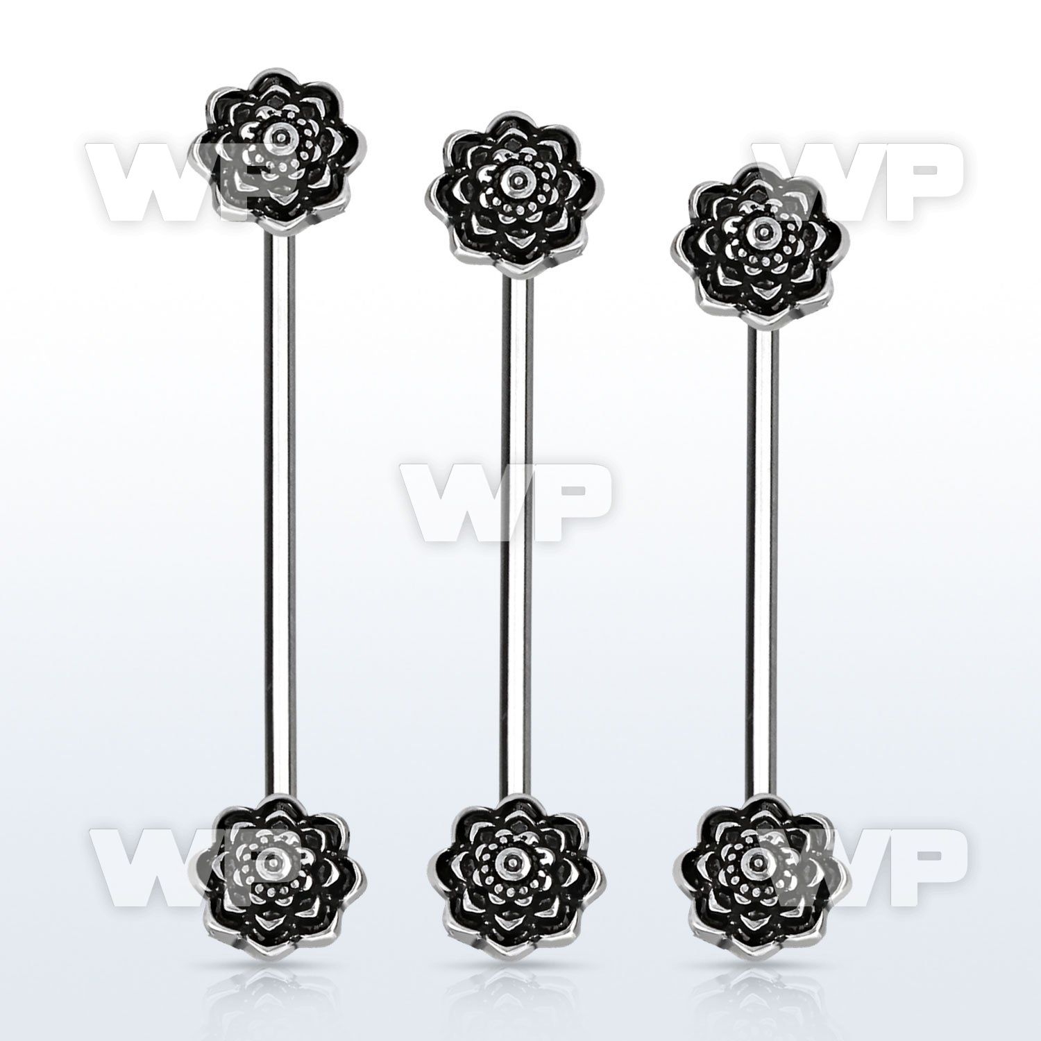 indsh34 316l steel industrial barbell, w two black roses