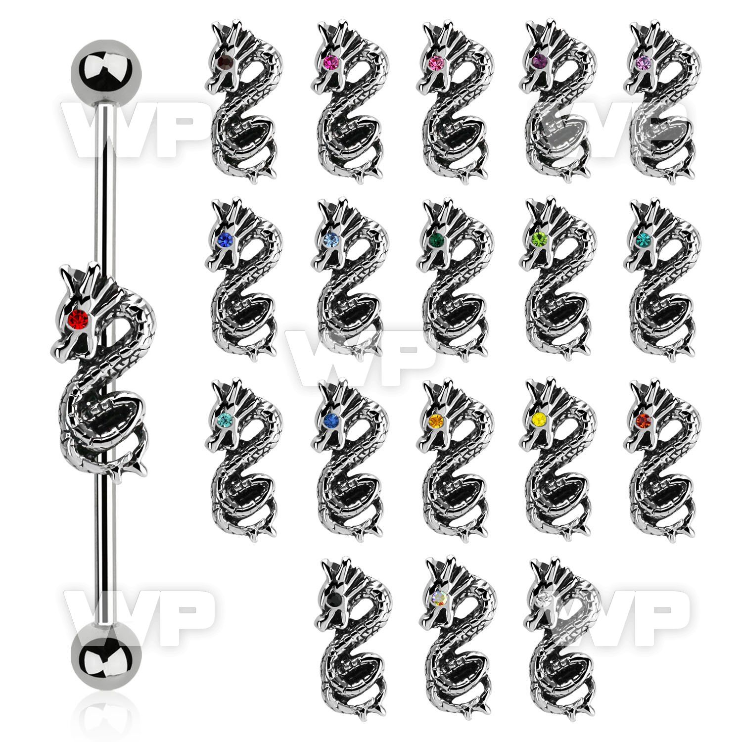 indsh35 316l steel industrial barbell w dragon w crystal eye