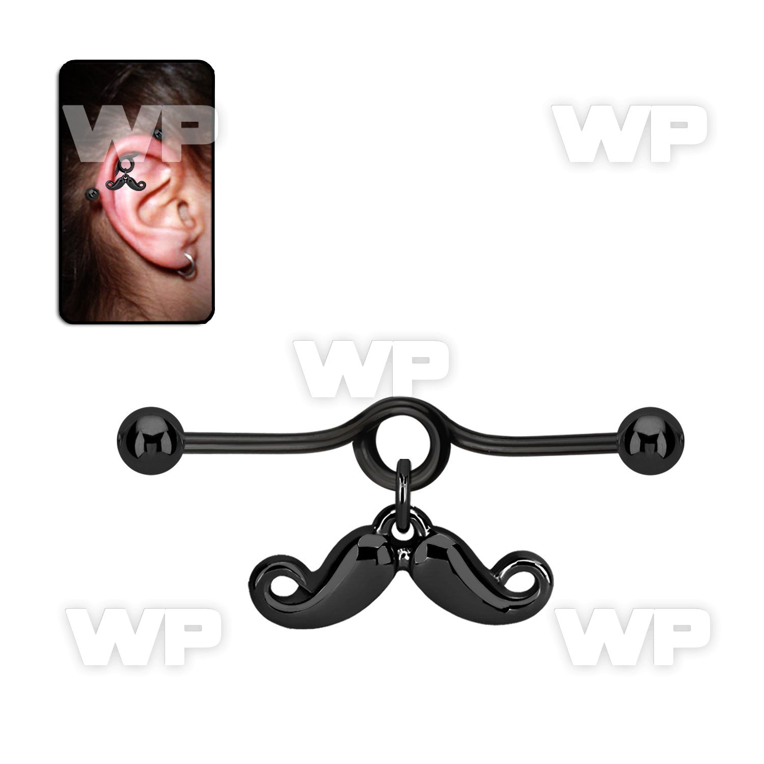 indtd2 black industrial loop barbell w dangling happy mustache