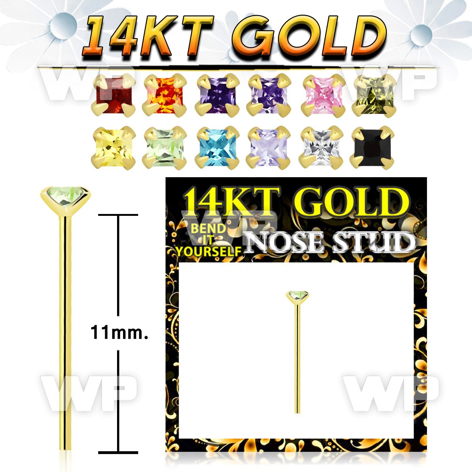 ingvje 14kt gold fishtail nose stud square colored cz