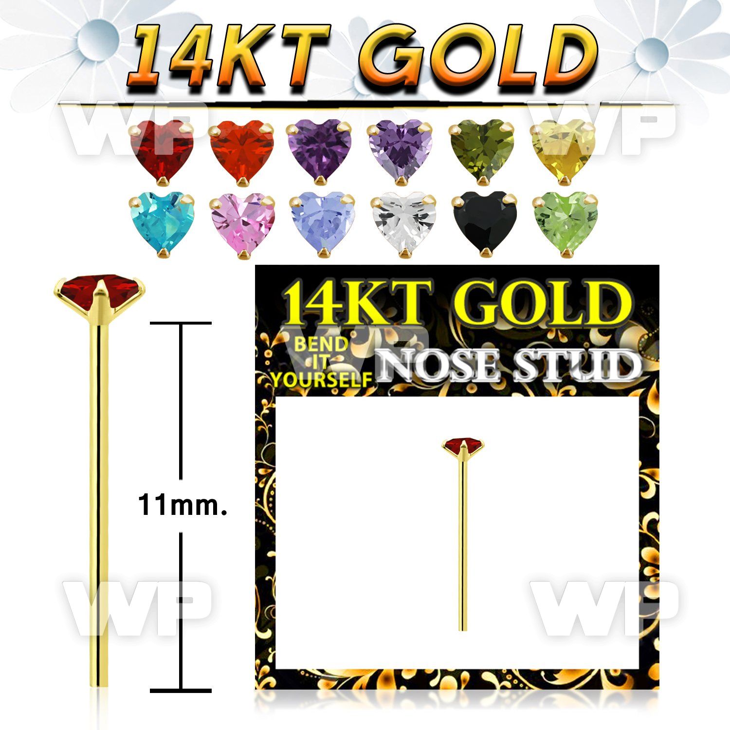 ingxje 14kt gold fishtail straight nosestud heart colored cz