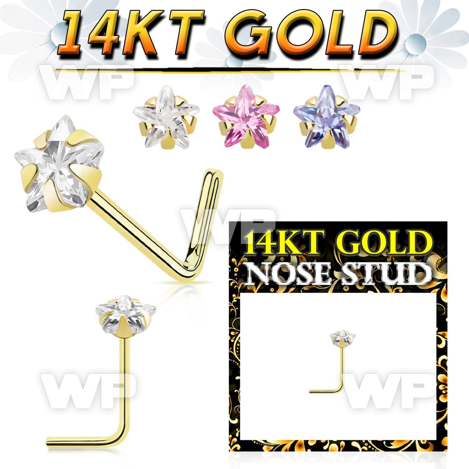 iu33aje 14kt gold l shaped nose pin 22g star colour cz