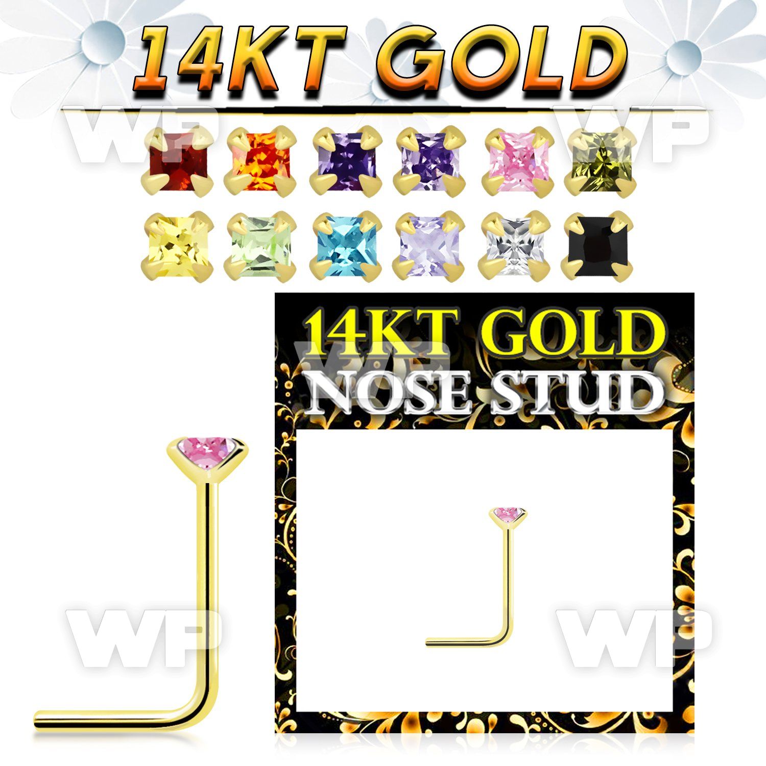 iu3vje 14kt gold l shaped nose pin square colored cz
