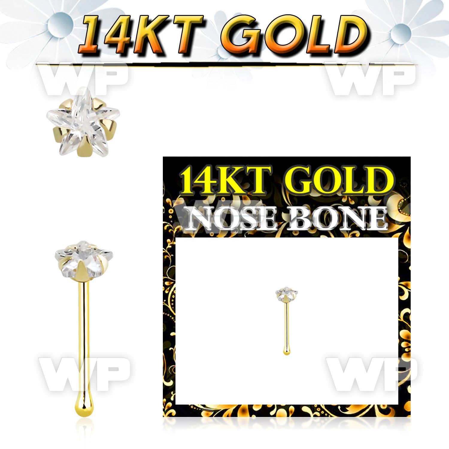 iu43aje 14k gold nose bone 3mm prong set star cubic zirconia (cz) stone