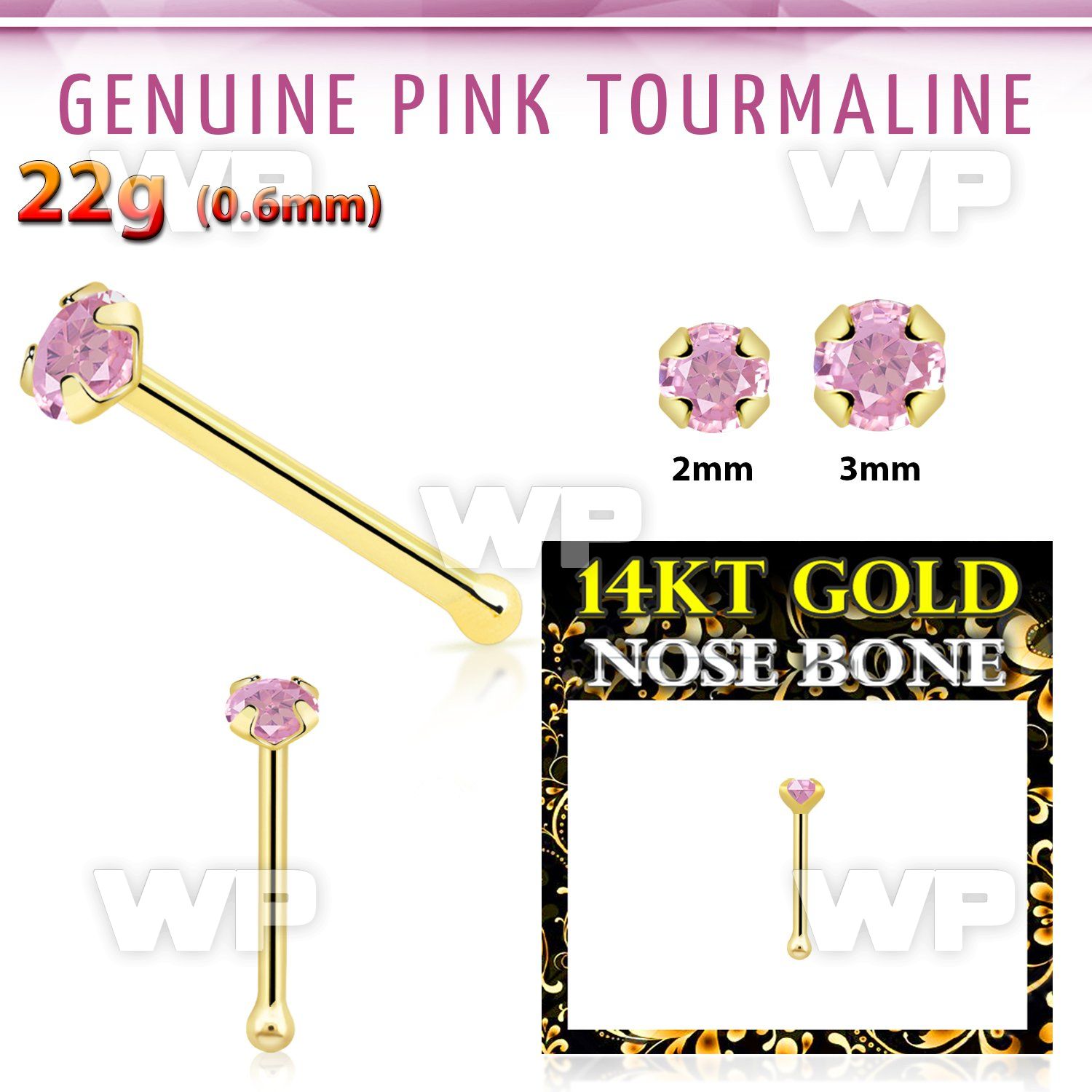 iu4iwz 14kt gold nose bone 2mm prong set genuine pink tourmalin nose piercing