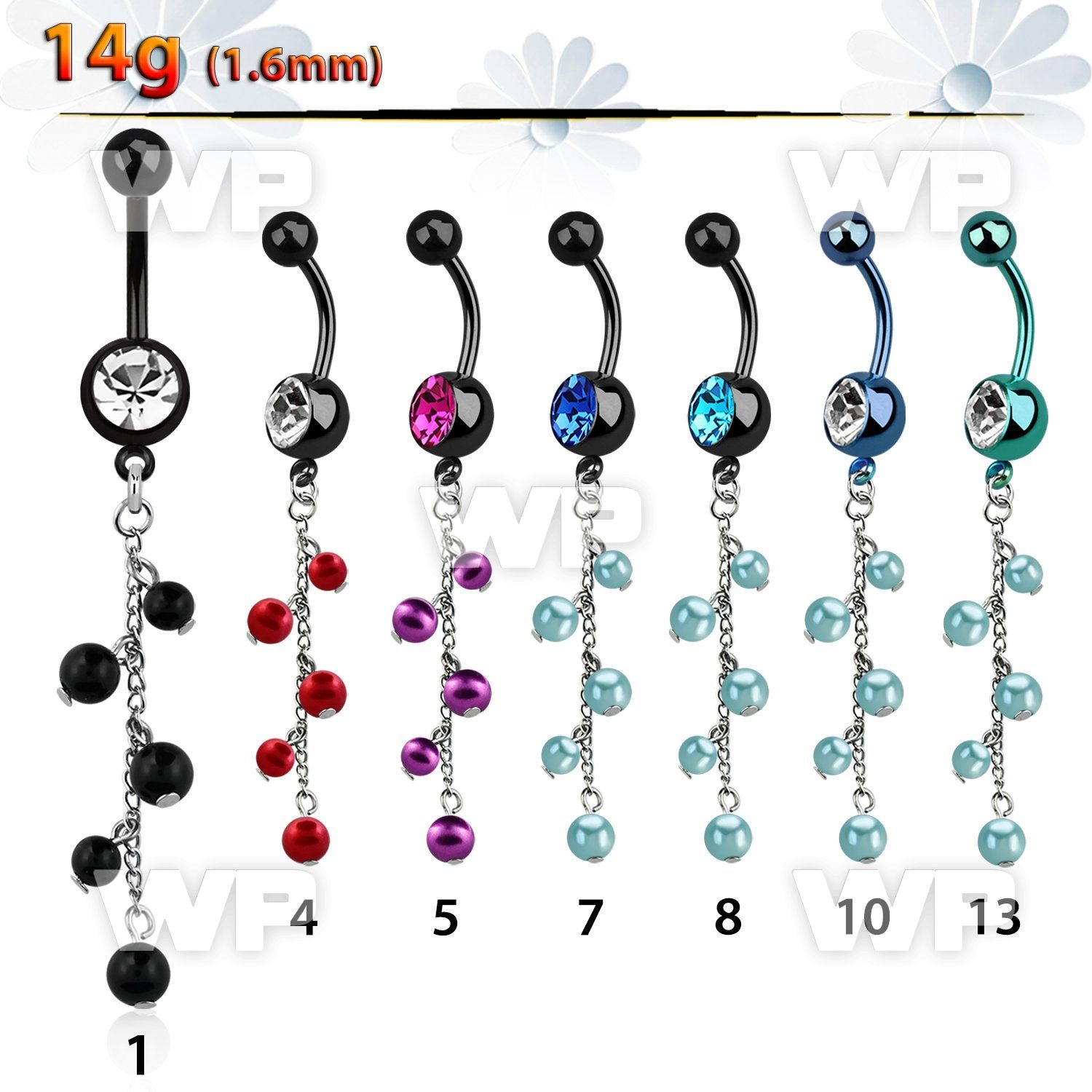 j121mal ion plated steel belly ring l dangling multi pearl chai belly piercing