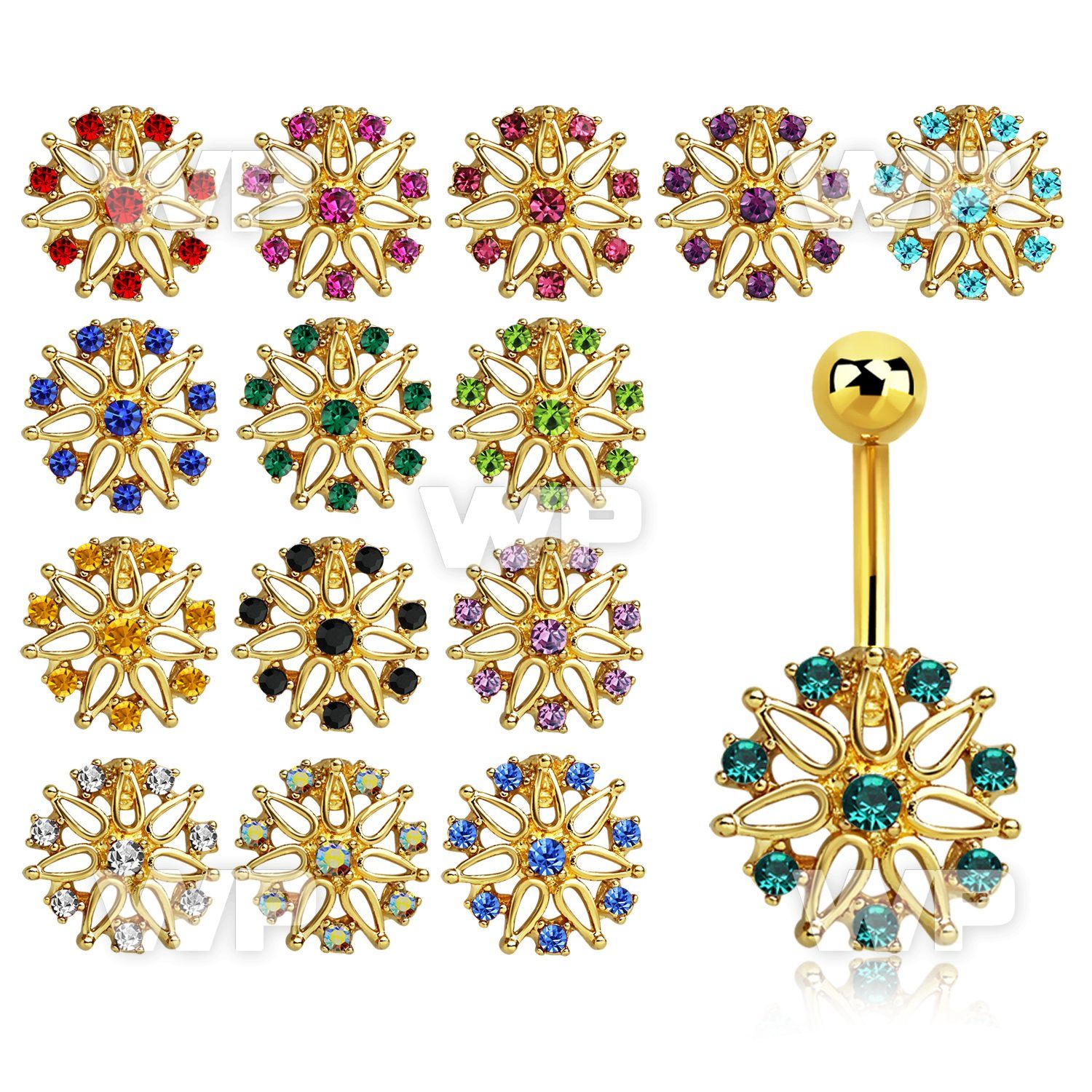 j12lpp ion plated 316l steel belly ring lower big crystal flower belly piercing