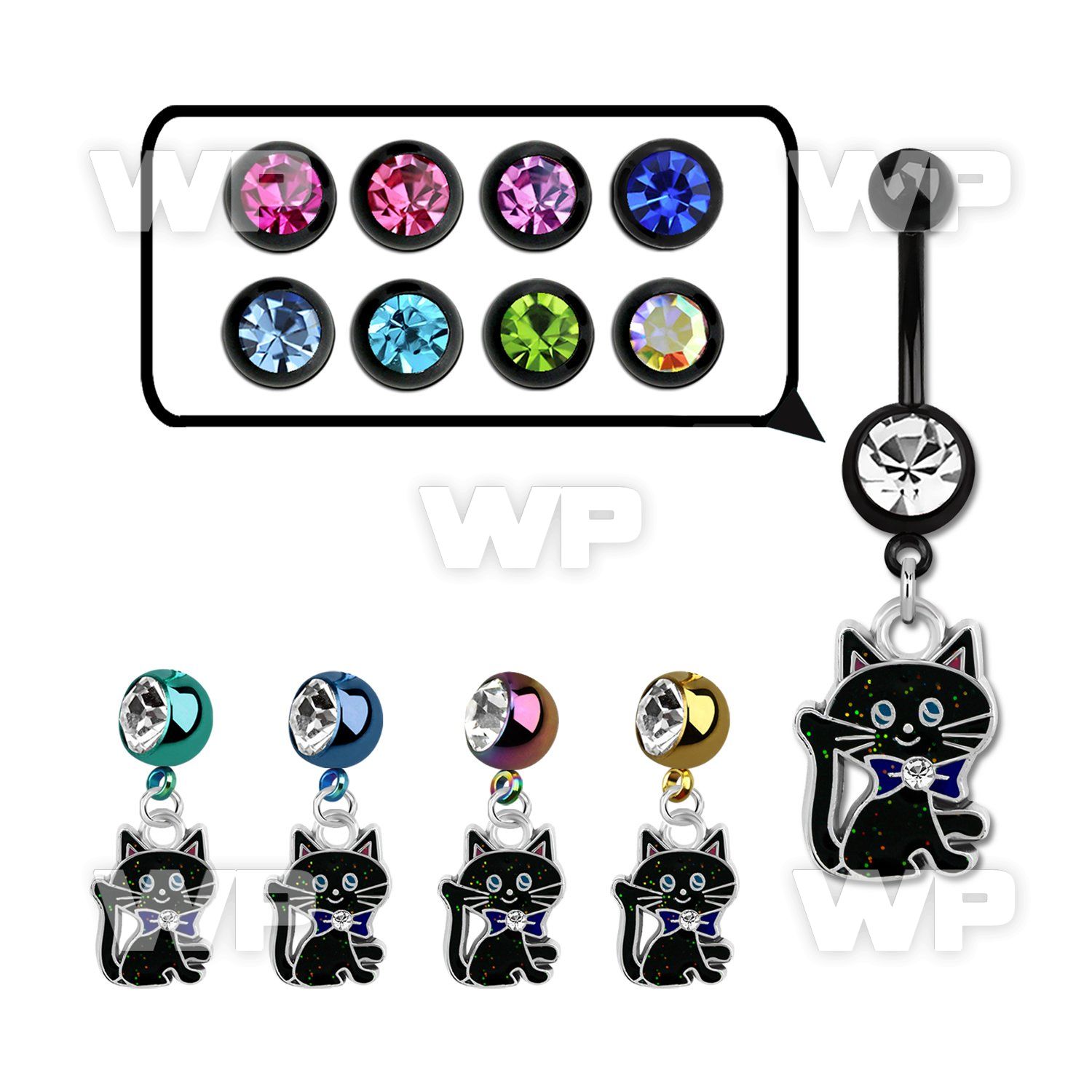 j12spz ion plated steel belly ring l dangling black cat length belly piercing