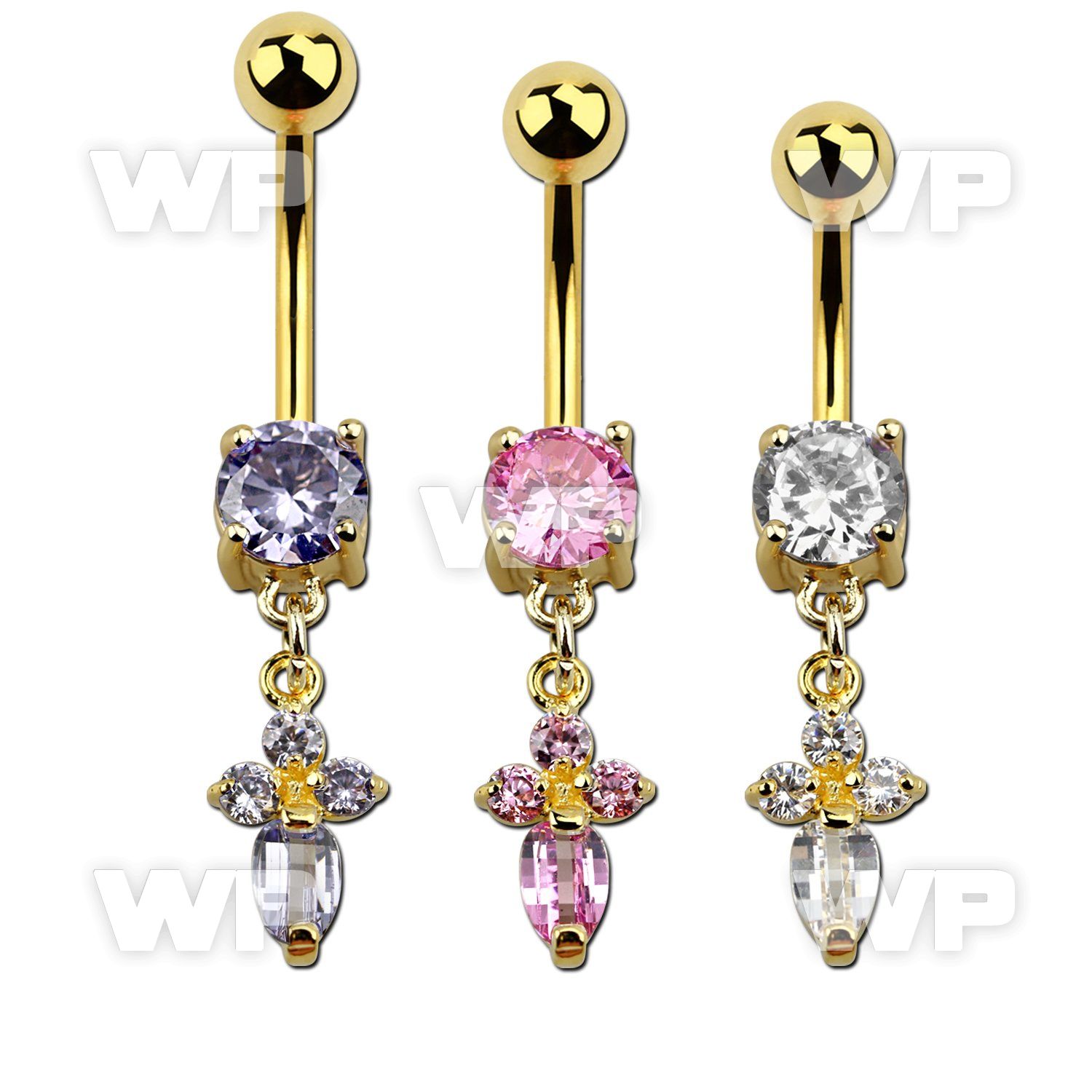 j1igset gold plated steel belly ring w dangling cross formed by belly piercing