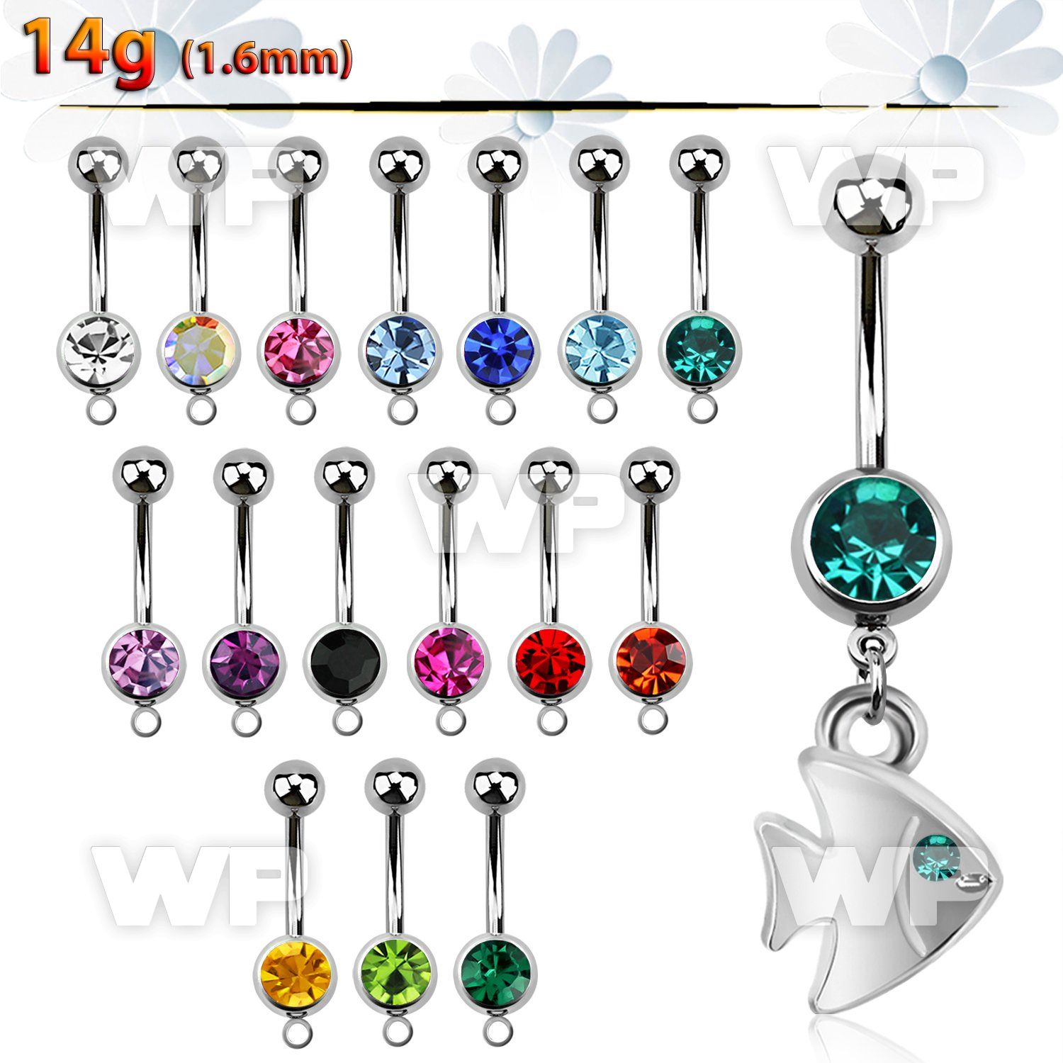 j6100s steel belly ring w dangling fish designcrystal eye length belly piercing