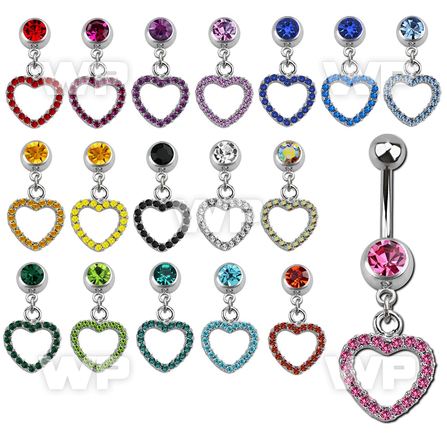 j6109l steel belly ring w dangling crystal studded heart length belly piercing