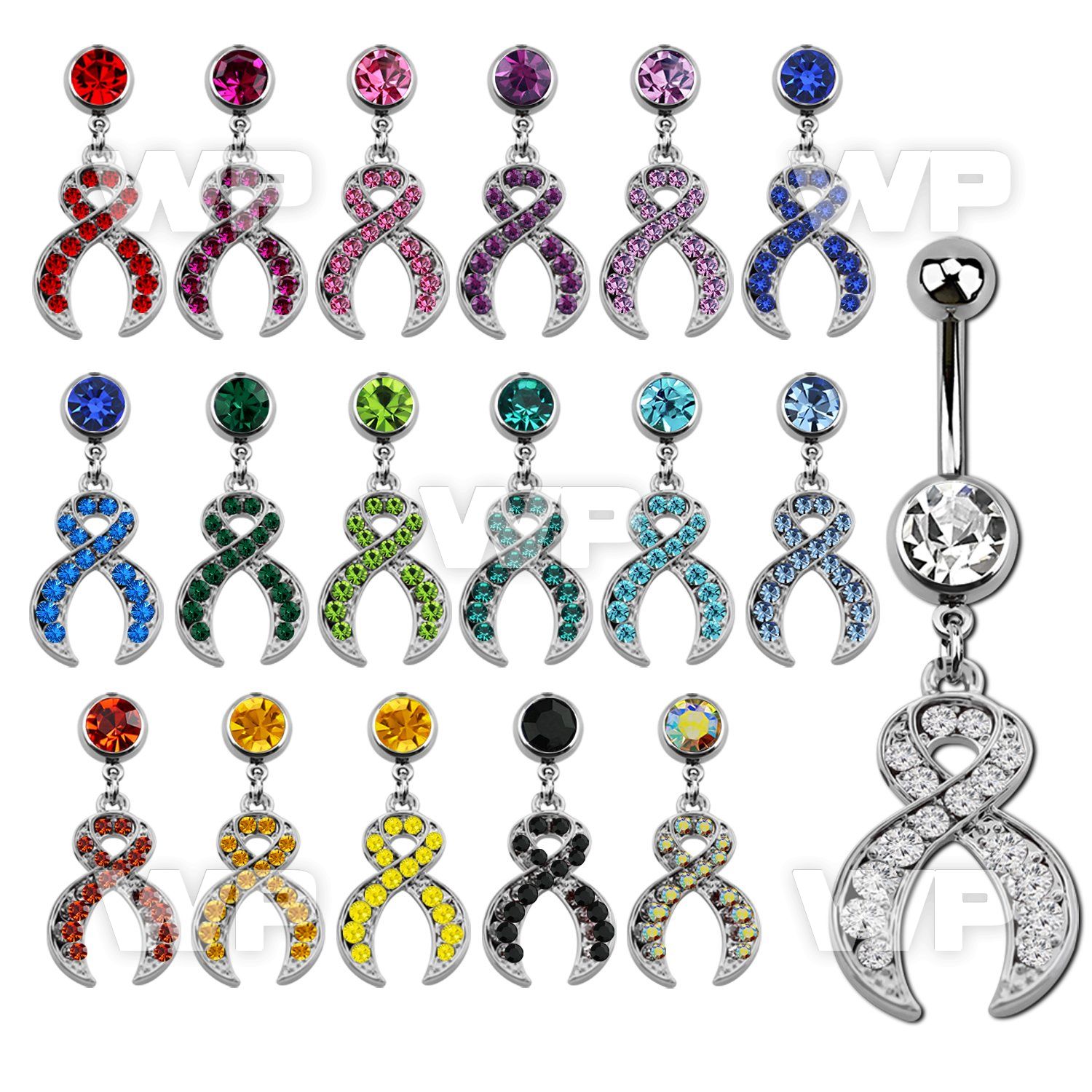 j6109y steel belly ring w dangling crystal studded ribbon length belly piercing