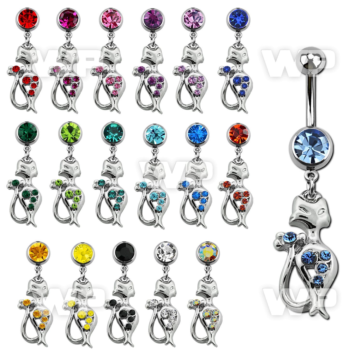 j610ls steel belly ring w dangling lady cat crystals length 10mm belly piercing