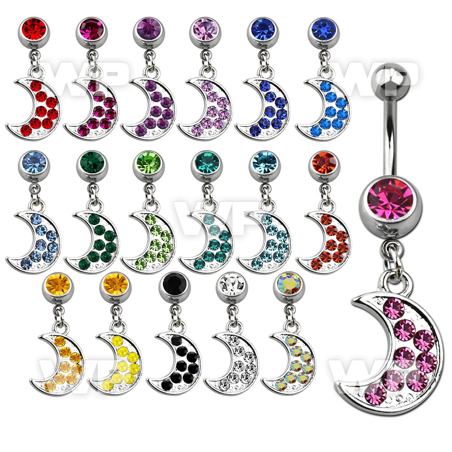 j610pe steel belly ring w dangling moon crystals length 10mm 3 belly piercing