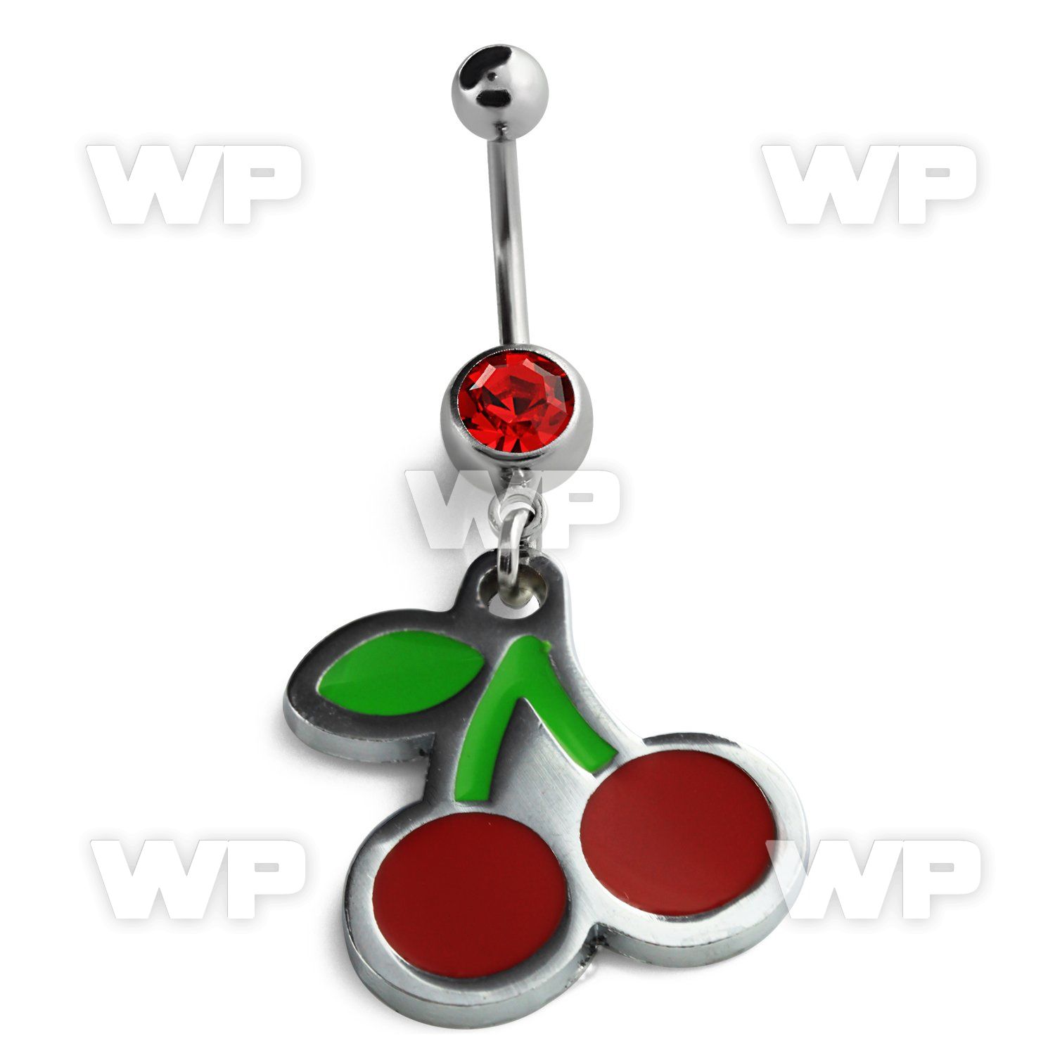 j610st steel belly ring w dangling painted red cherries length belly piercing