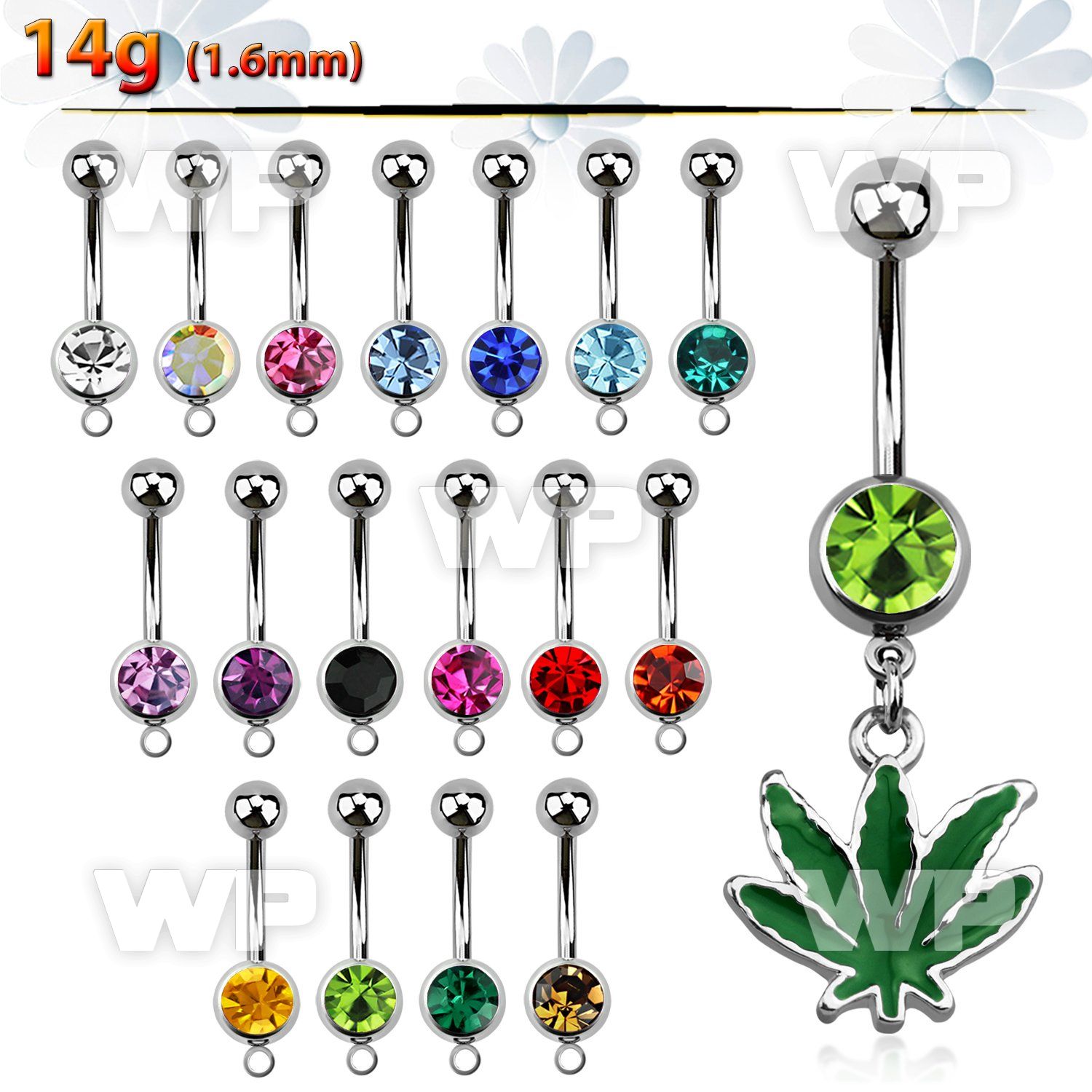 j610zk steel belly ring w 8mm jewel ball dangling green painte belly piercing