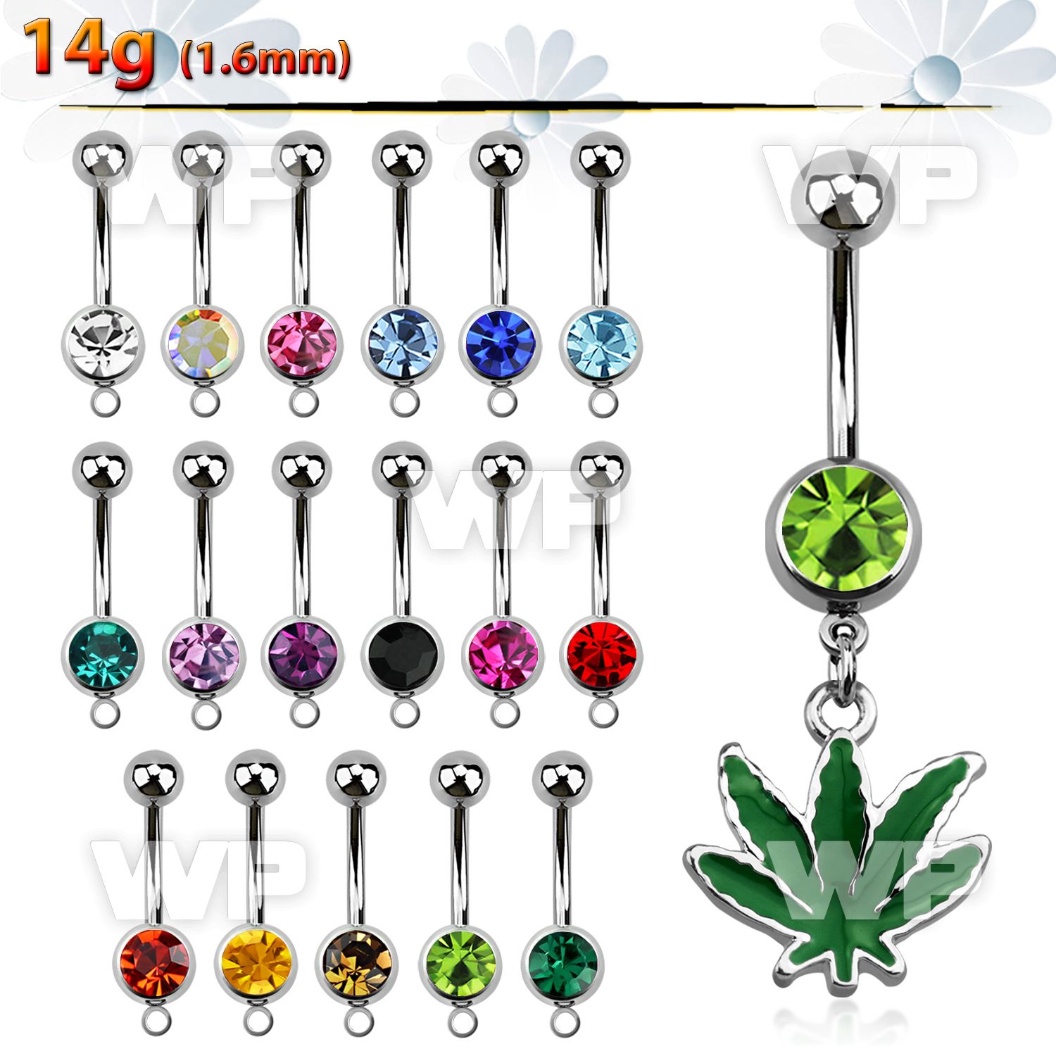 j610zk steel belly ring w 8mm jewel ball dangling green painte belly piercing