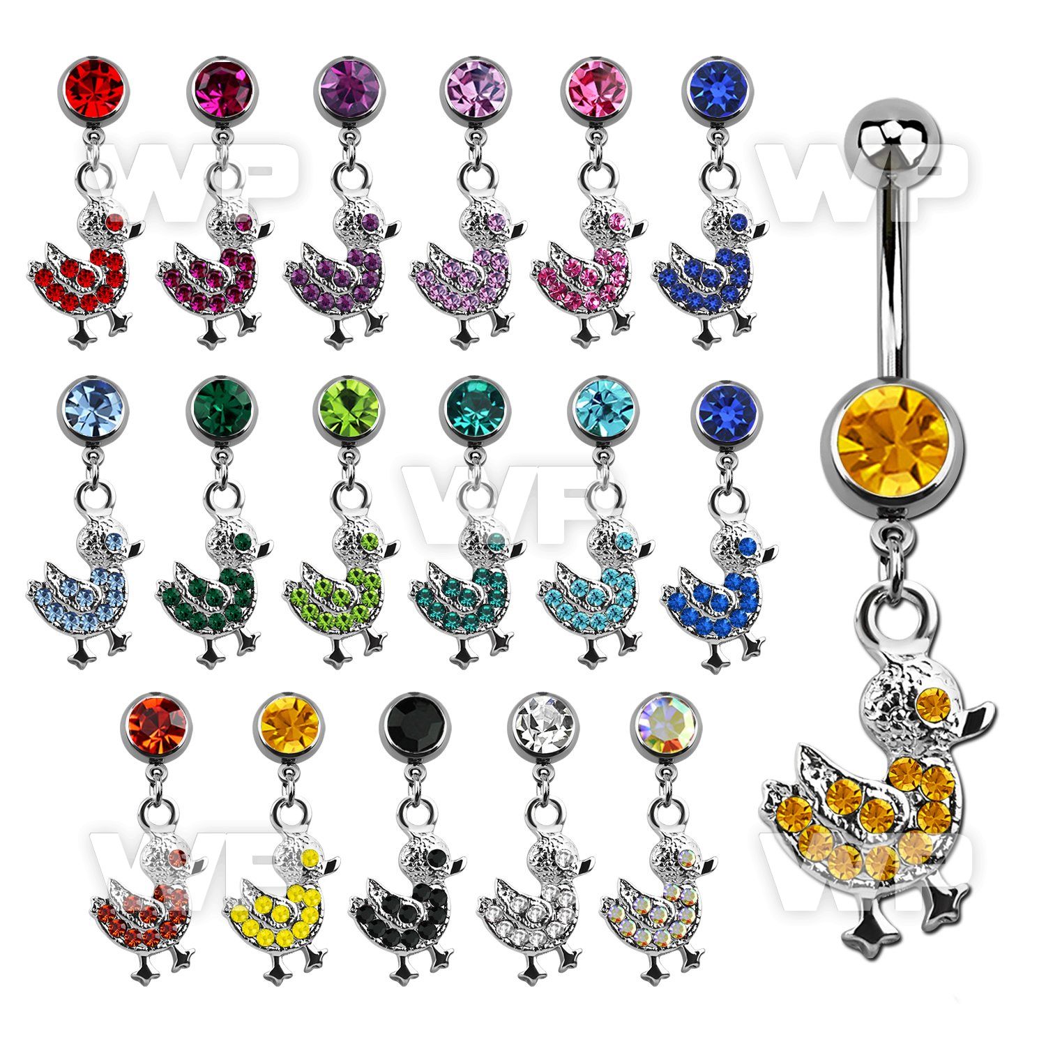 j6112k steel belly ring w dangling crystal duck length 10mm 3 8 belly piercing