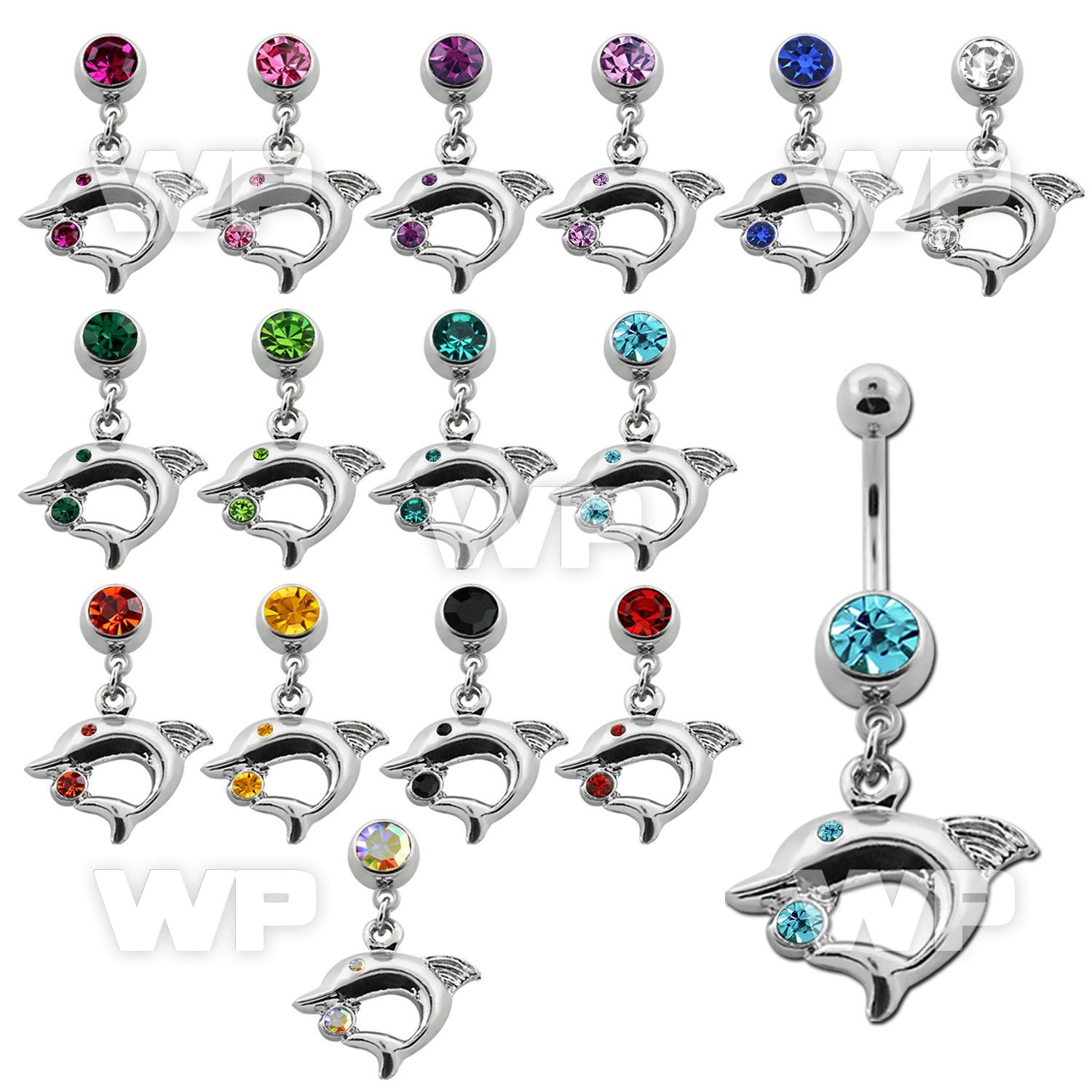 j611m0 steel belly ring w dangling dolphin design crystals lengt belly piercing