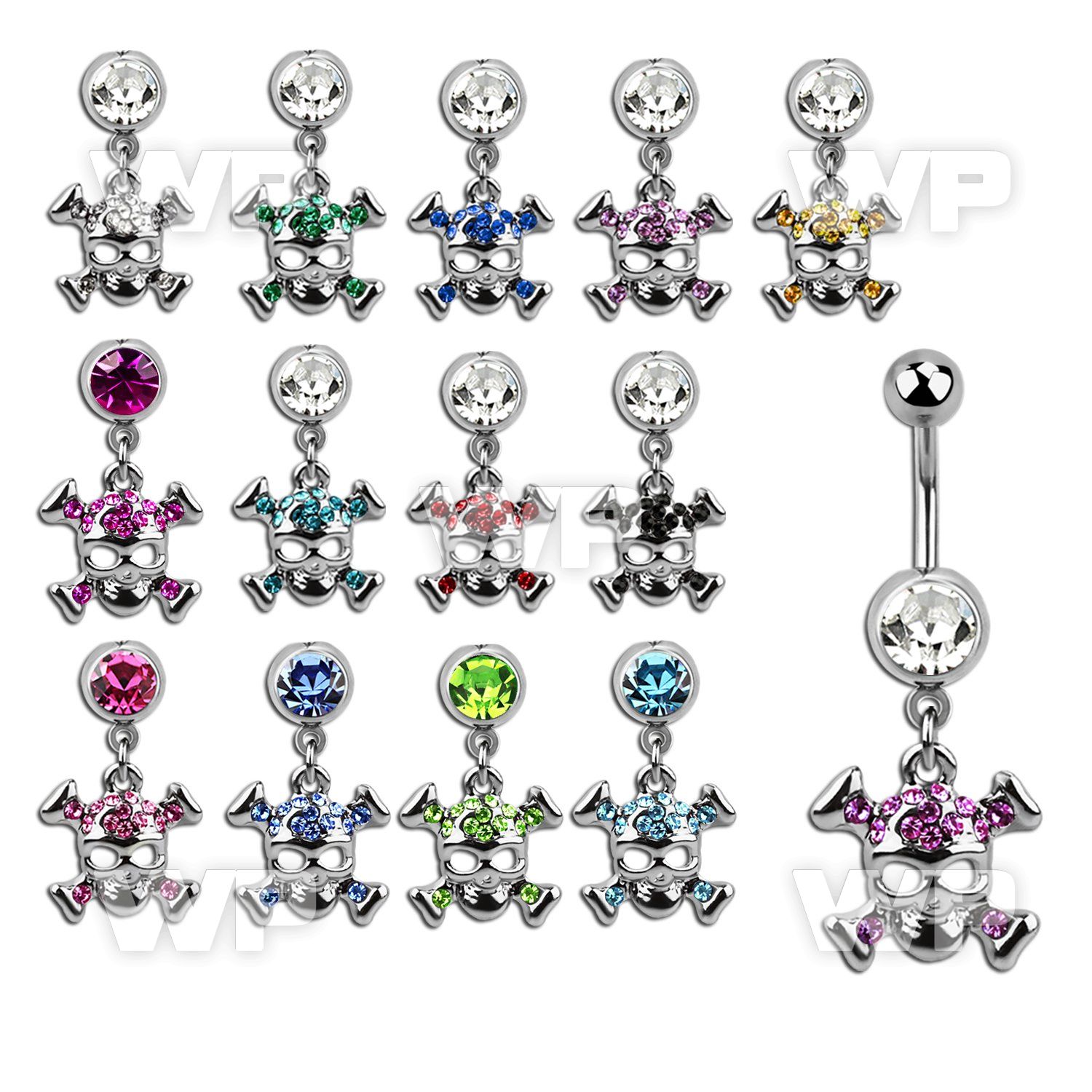 j61320 steel belly ring w dangling crystal studded skull crossed belly piercing