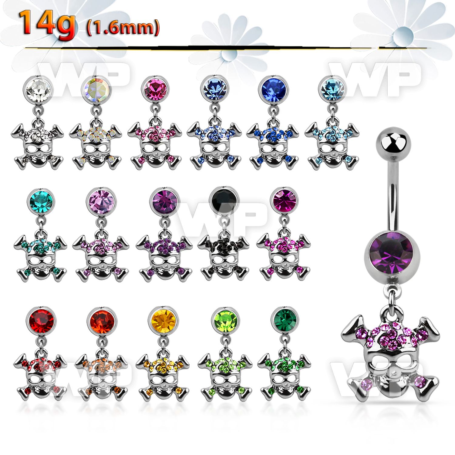 j61320 steel belly ring w dangling crystal studded skull crossed belly piercing