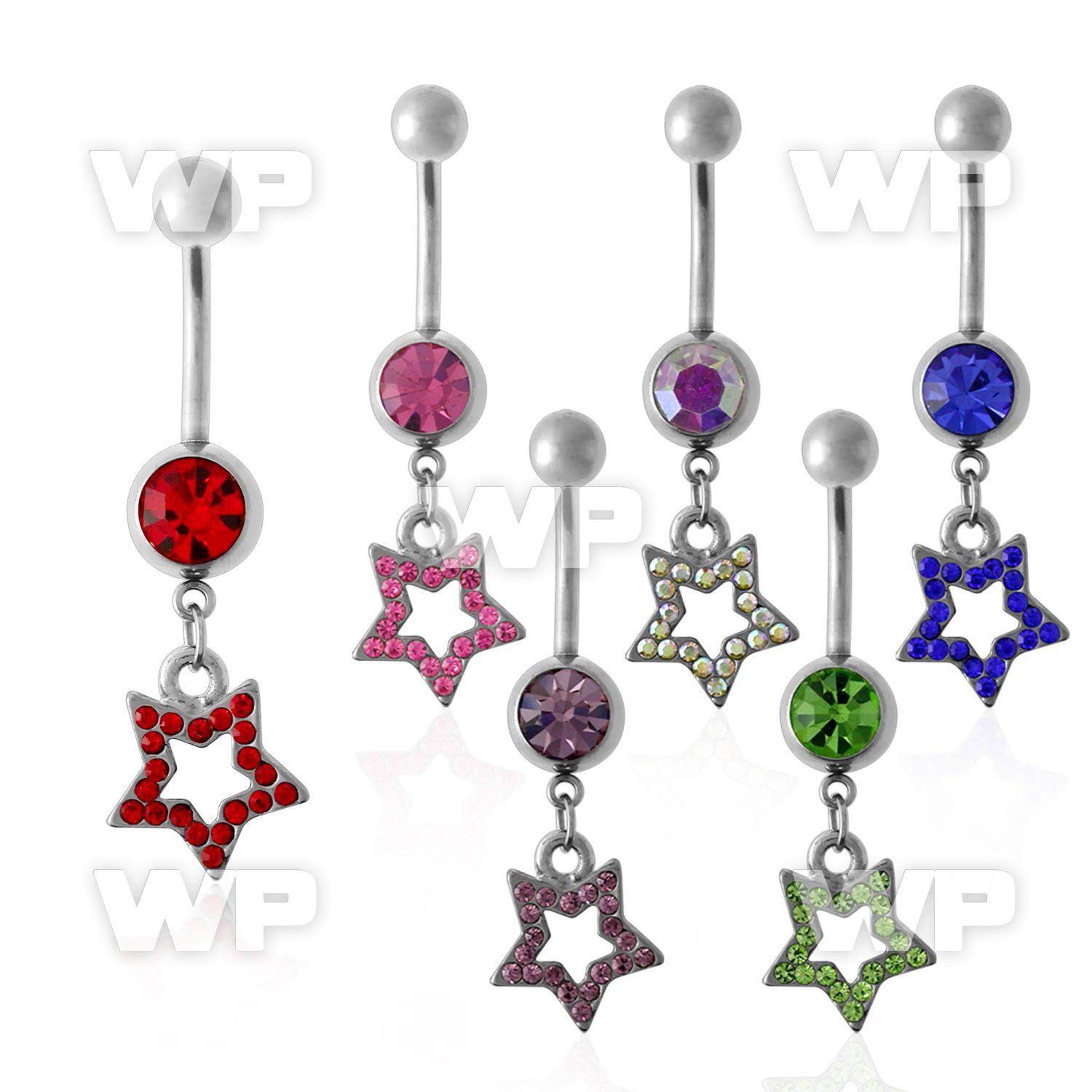 j6137as steel belly ring w dangling crystal studded star shape belly piercing