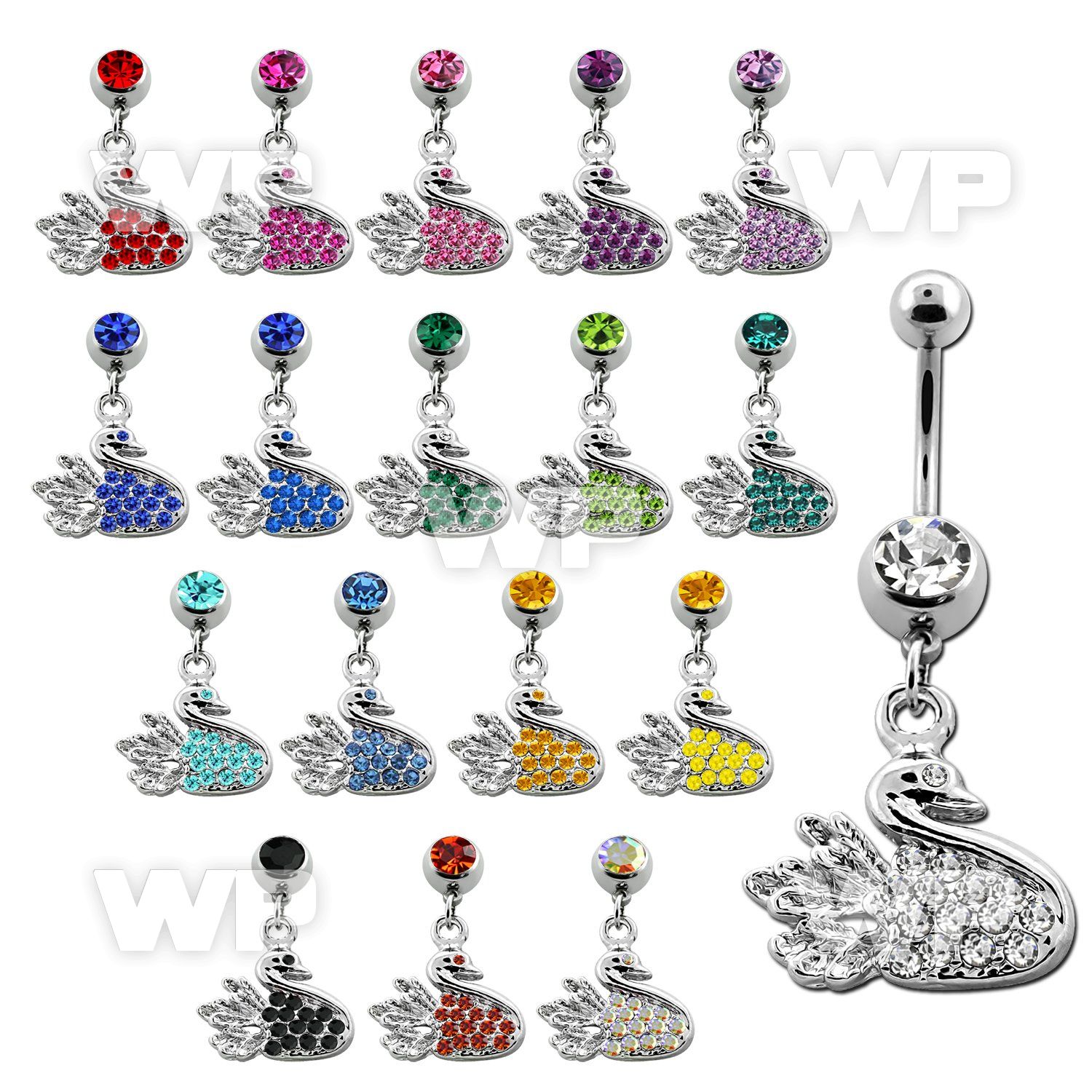 j613o steel belly ring w dangling multi crystal swan design len belly piercing