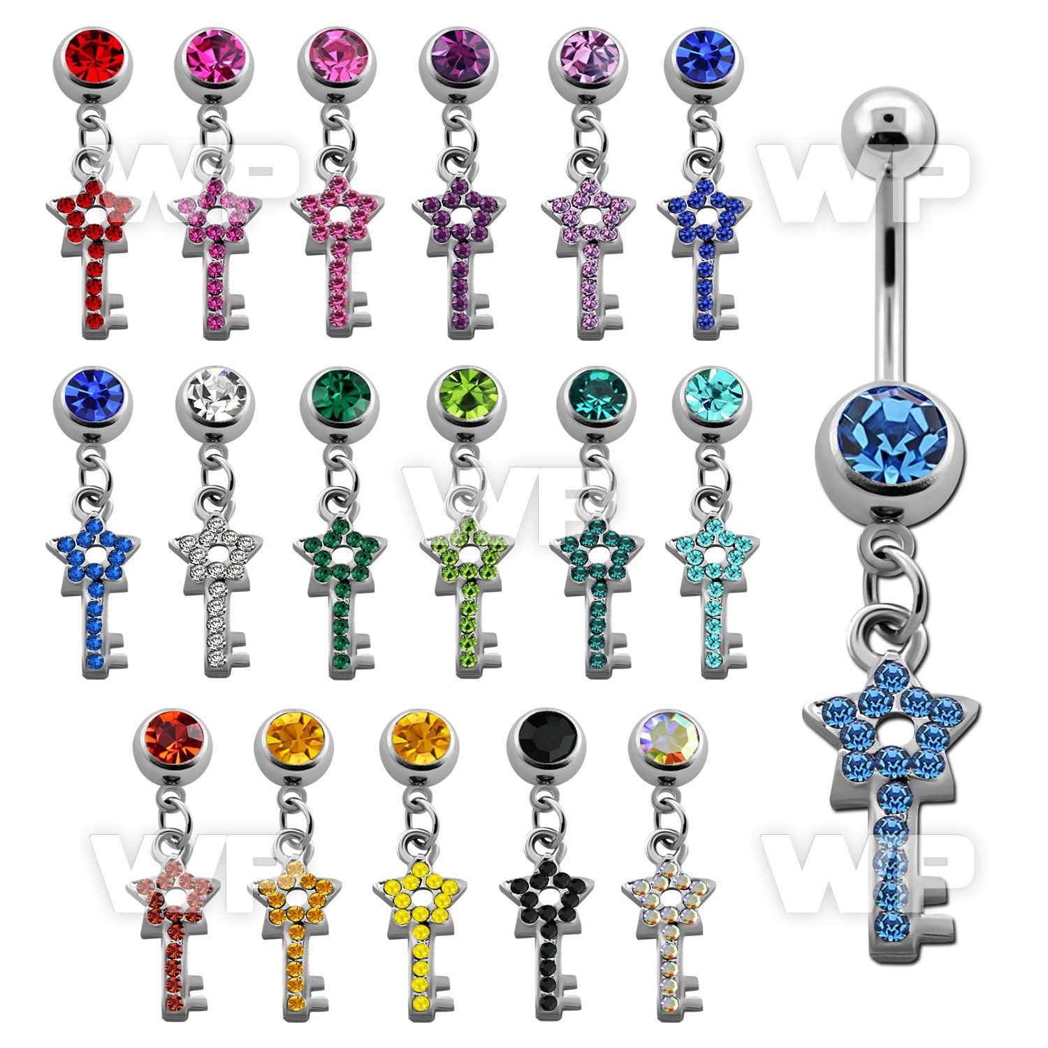 j613r2n steel belly ring w dangling star key design crystals leng belly piercing