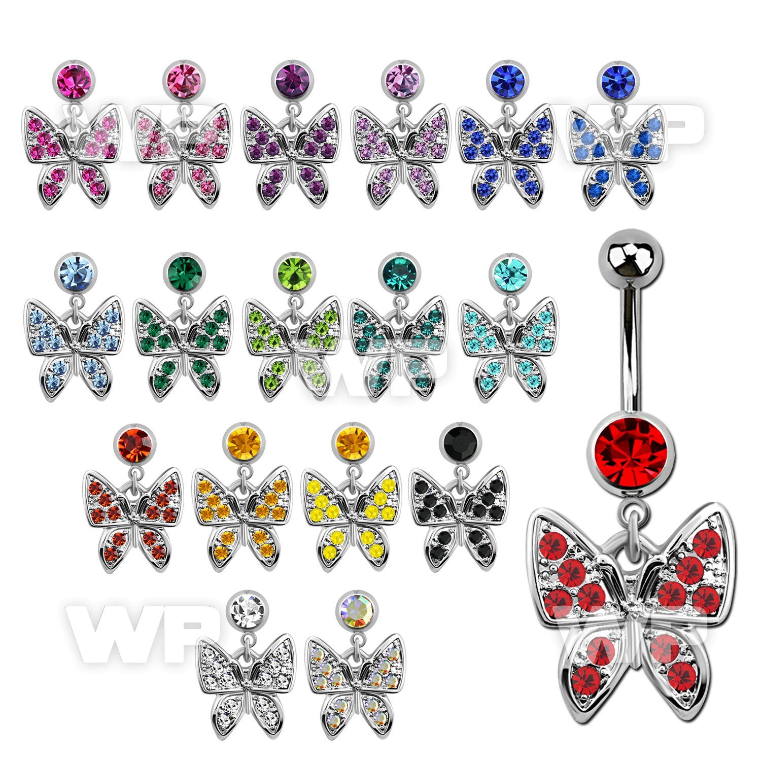 j614hrl steel belly ring w dangling butterfly crystals length 10m belly piercing