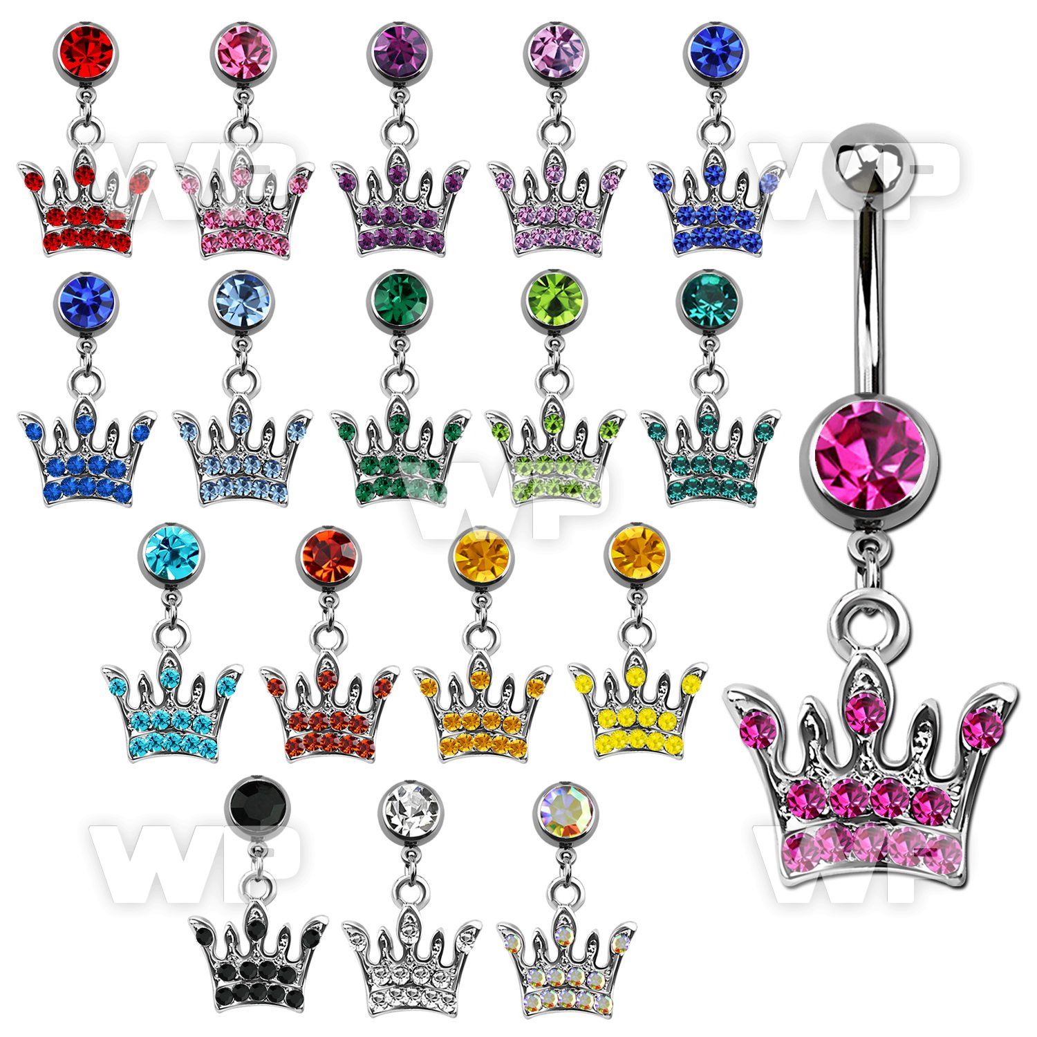 j616a0 steel belly ring w dangling crown design crystals length belly piercing