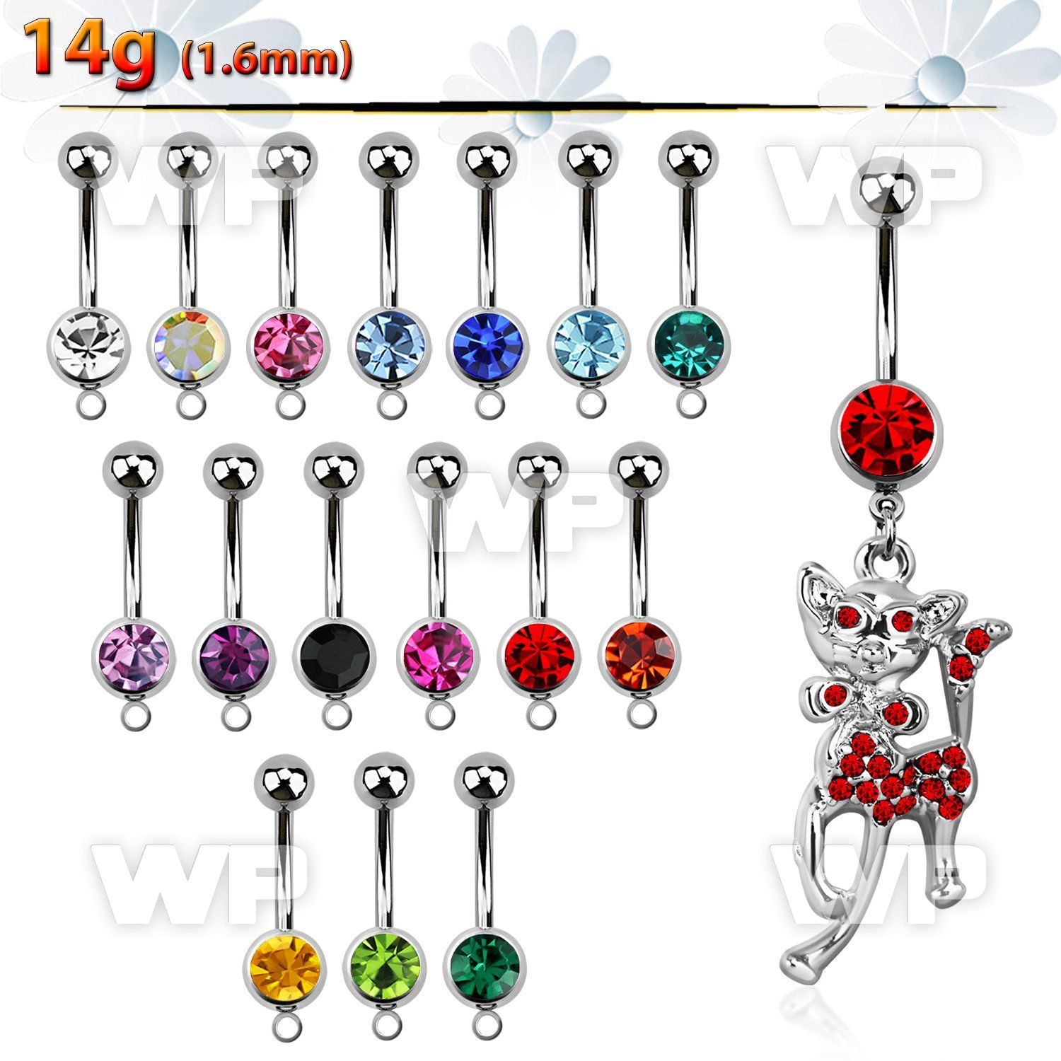 j616rs steel belly ring w dangling crystal studded cute cat leng belly piercing