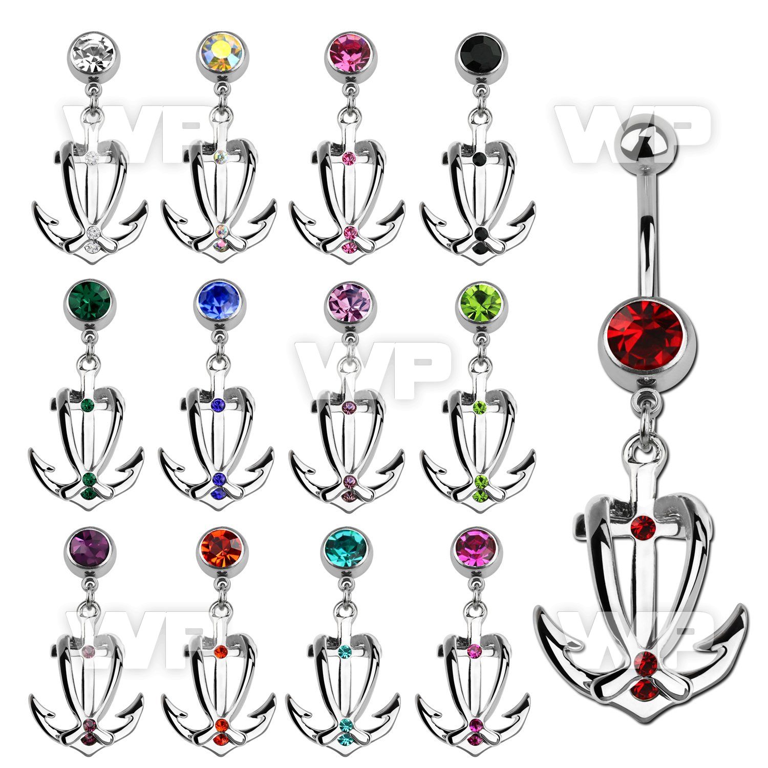 j617k steel belly ring w dangling anchor design cystals length belly piercing