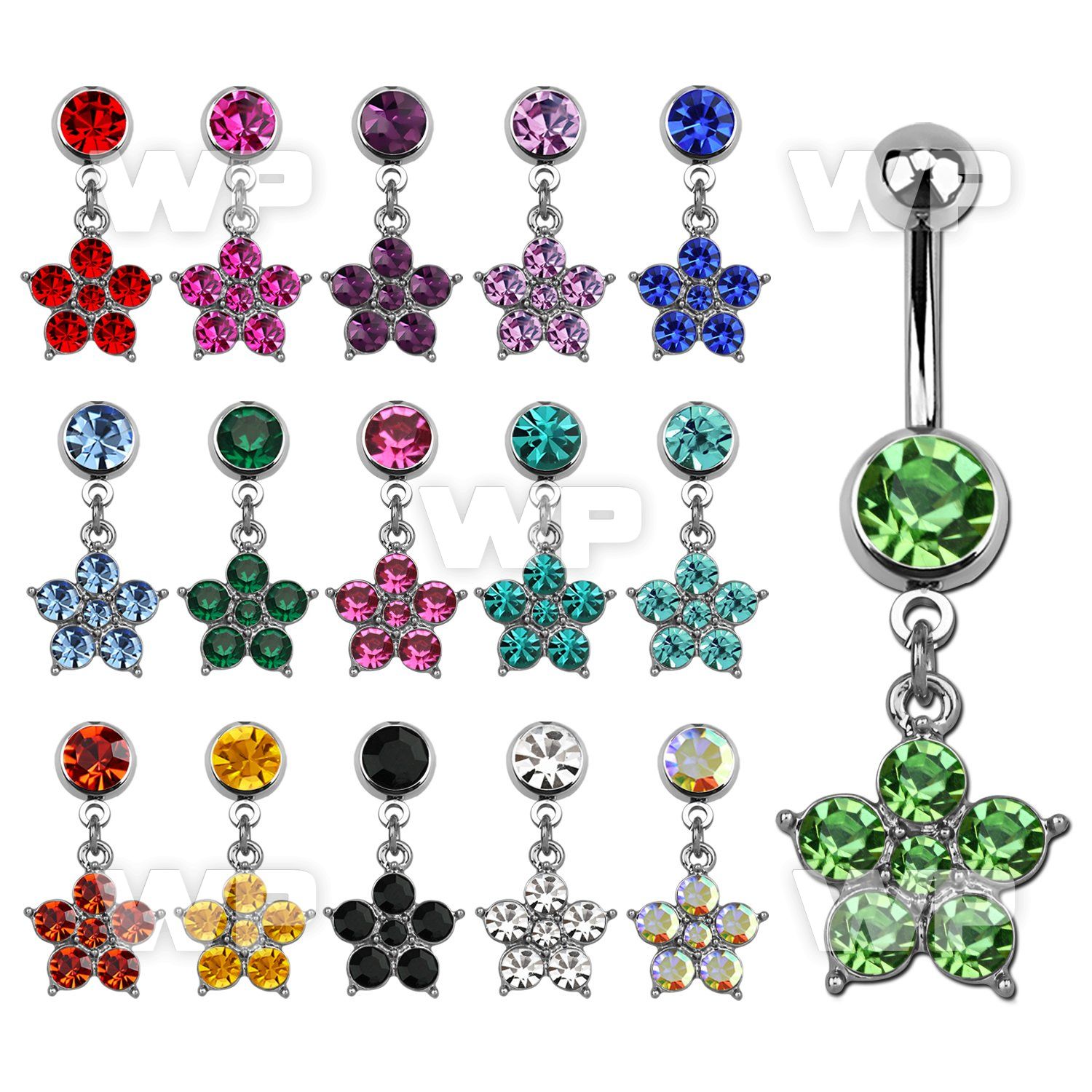 j61db6kp 316l steel belly ring w a dangling crystal flower w 5 pet belly piercing