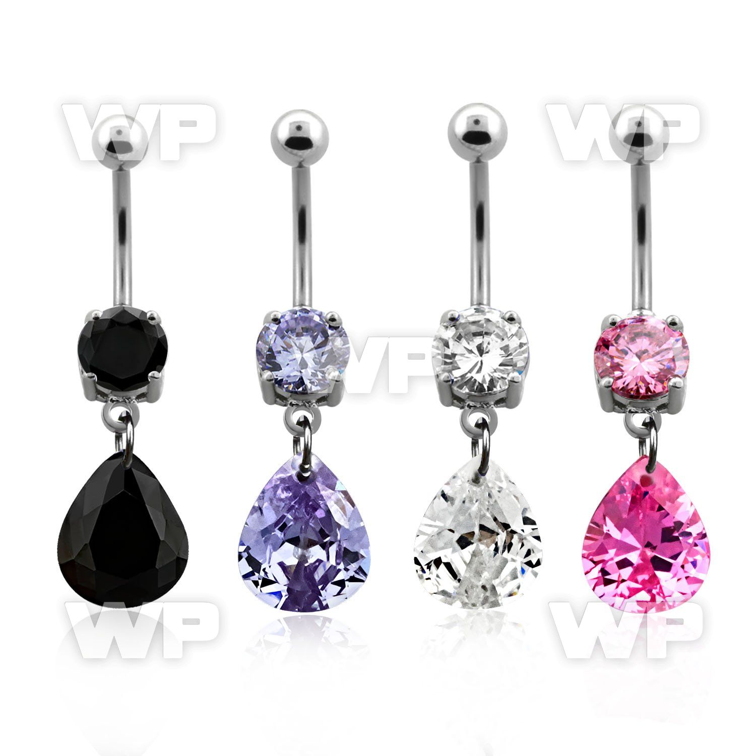 j61g0p9 steel belly ring w dangling 11 x 9mm pear shaped cz stone belly piercing