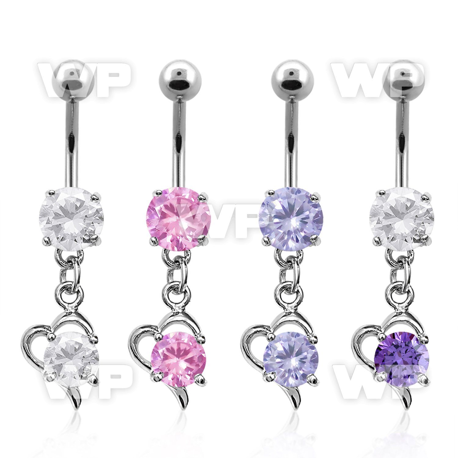 j61g9 steel belly ring w dangling heartbig central round cz sto belly piercing