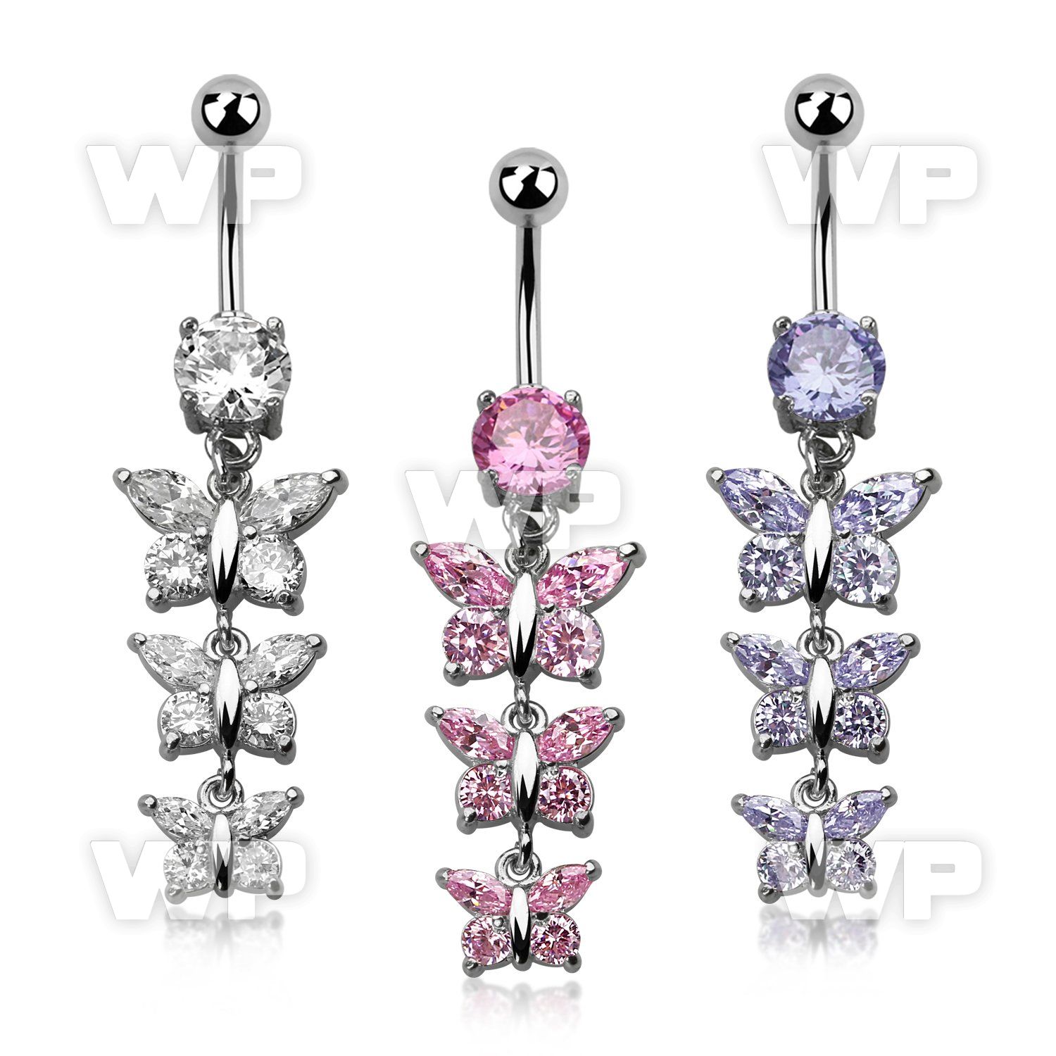 j61gkt9 steel belly ring w dangling dangling chain of 3 cz butt belly piercing