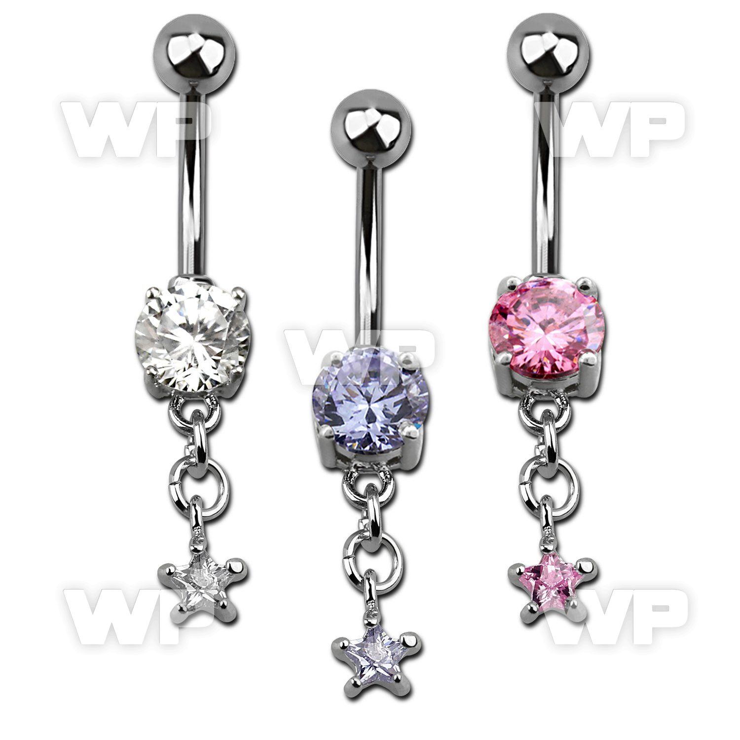 j61gsts steel belly ring w dangling dangling prong set star sha belly piercing