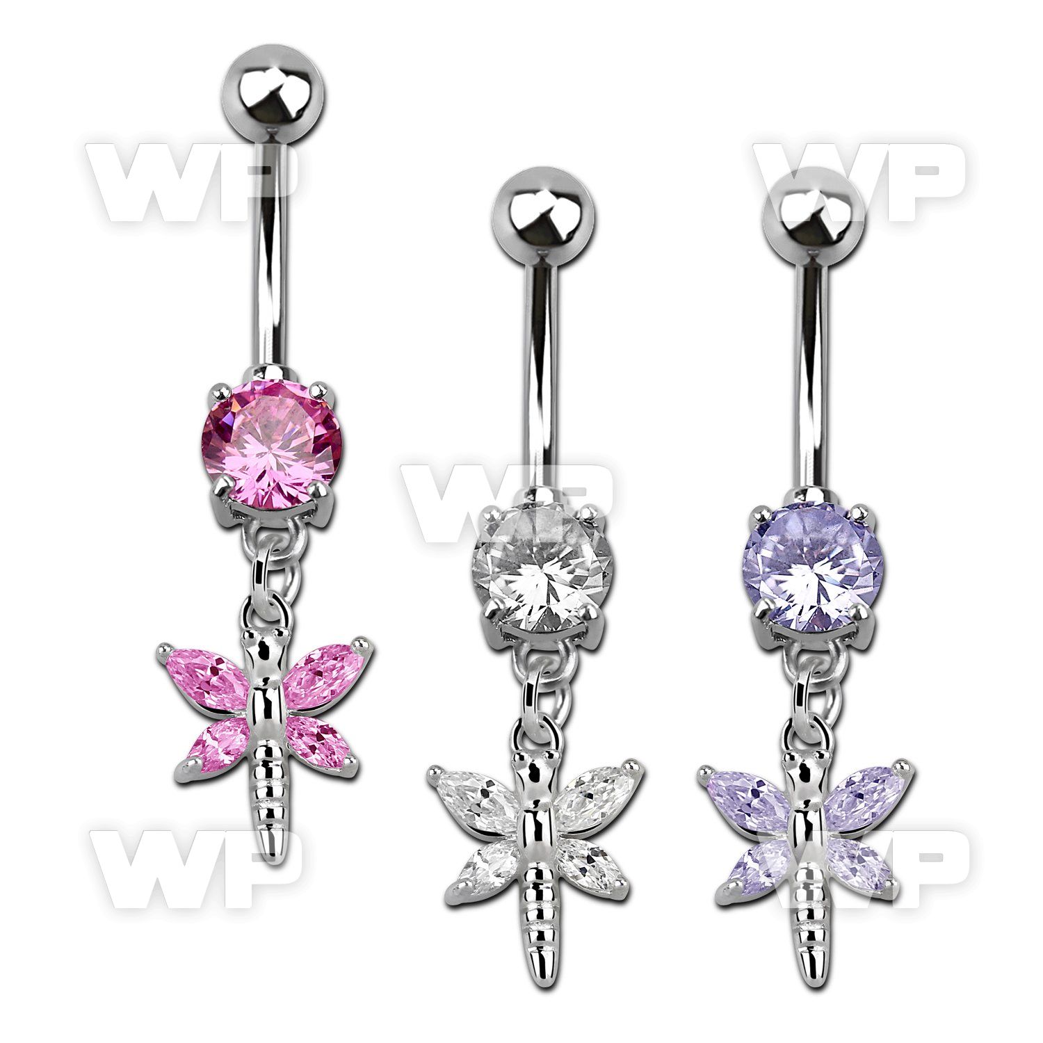 j61gz09 steel belly ring w dangling dangling butterfly cz stone belly piercing
