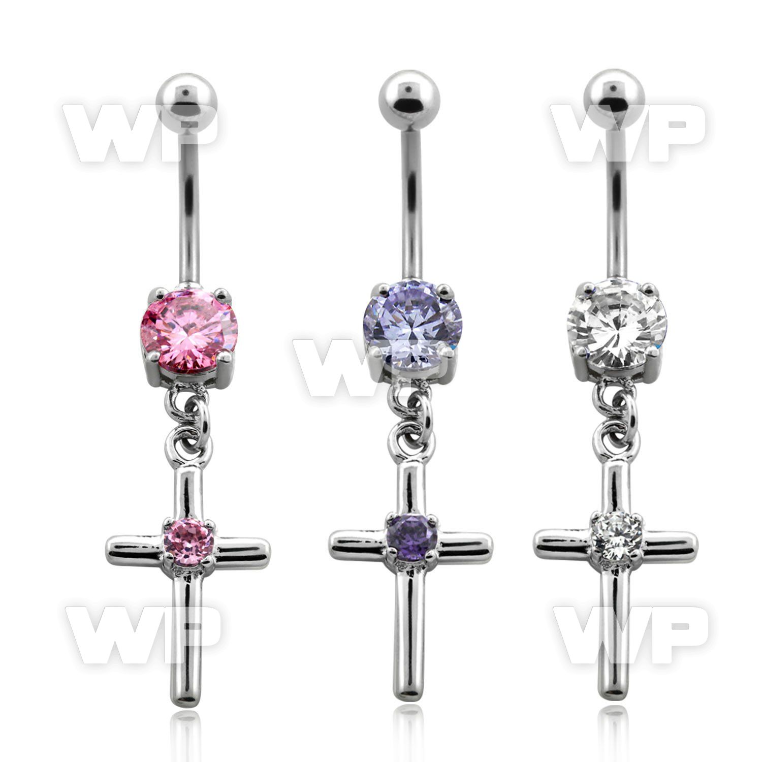 j61gz90 steel belly ring w dangling dangling cross round prong belly piercing
