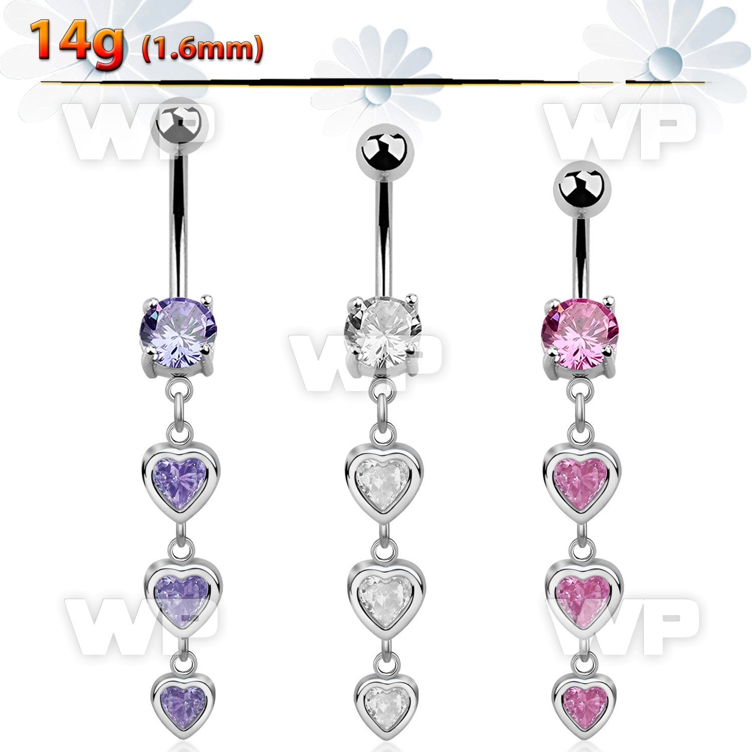 j61gzsp steel belly ring three dangling hearts cz stones length belly piercing