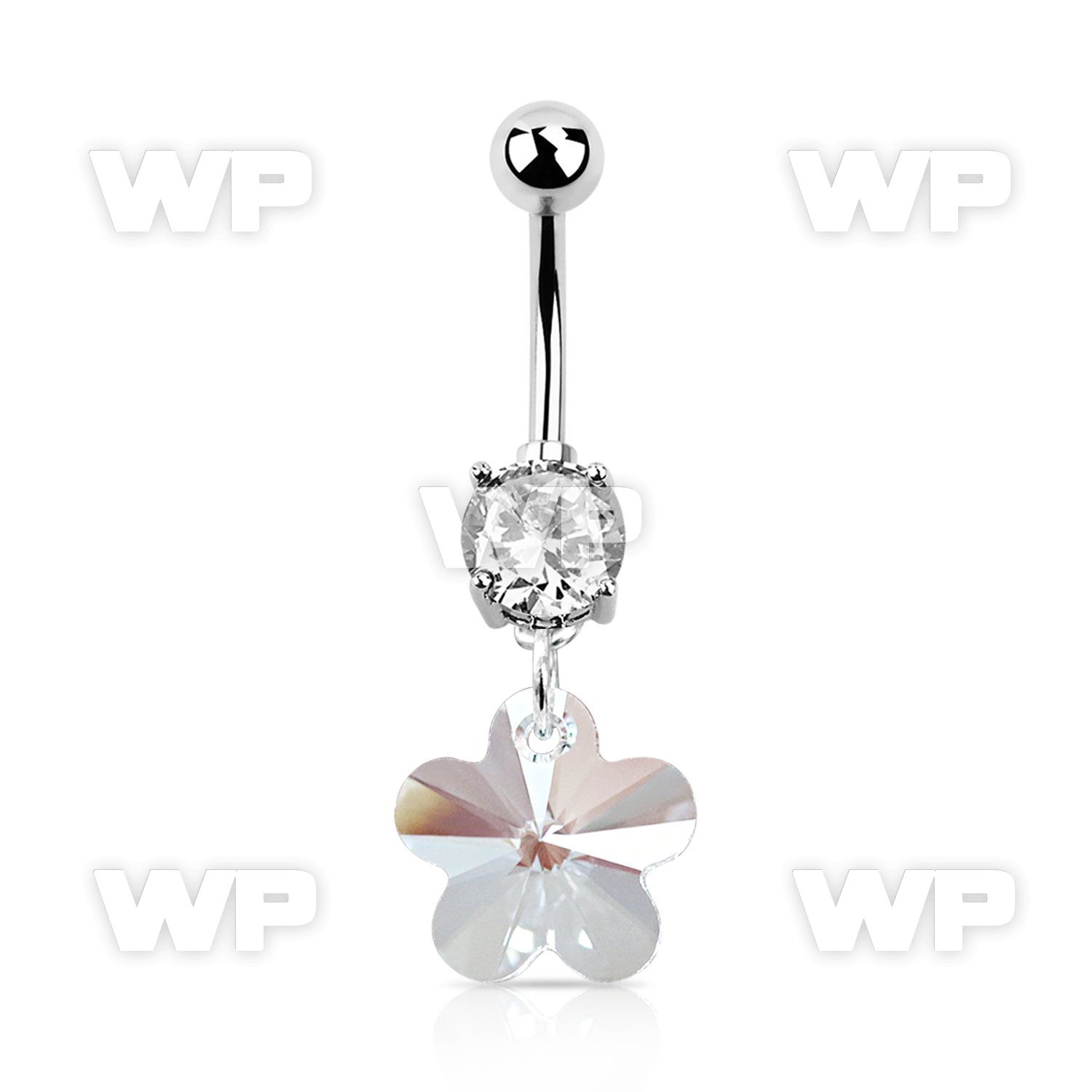 j61le9 steel belly ring w dangling flower shaped crystal belly piercing