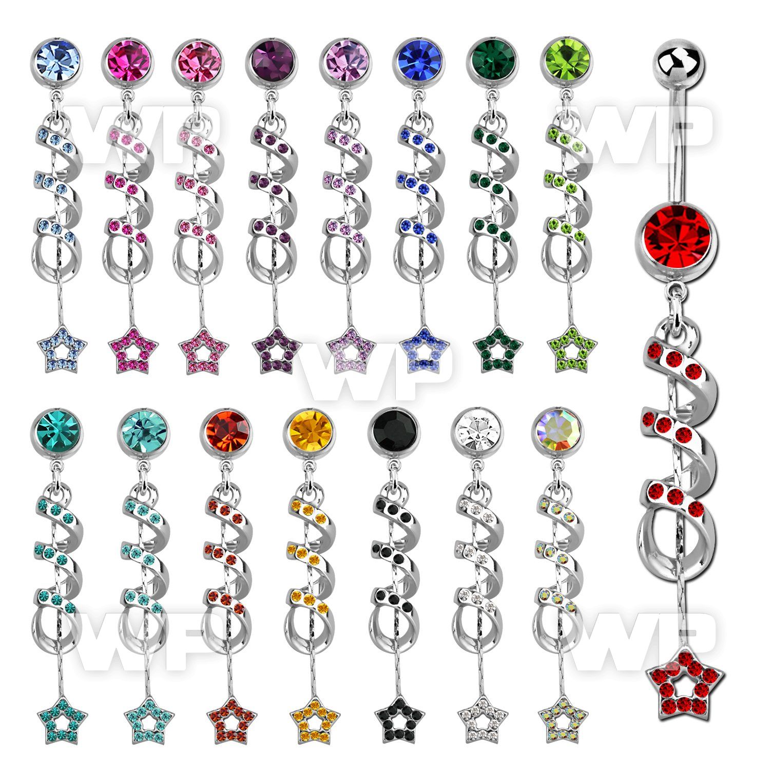 j61lpe 316l steel belly ring w a dangling coil w a small star belly piercing
