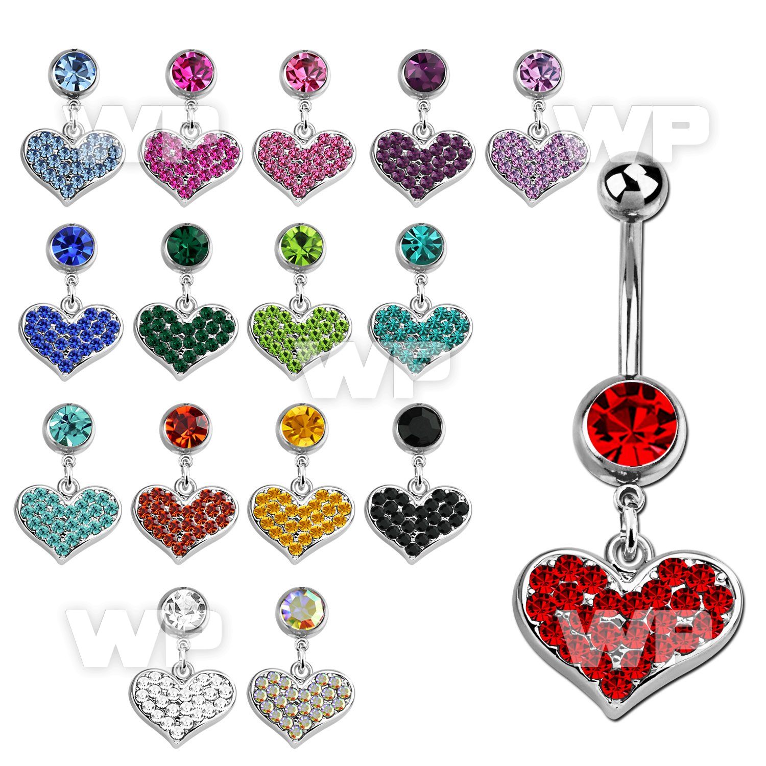j61lps 316l steel belly ring w a dangling crystal studded heart belly piercing